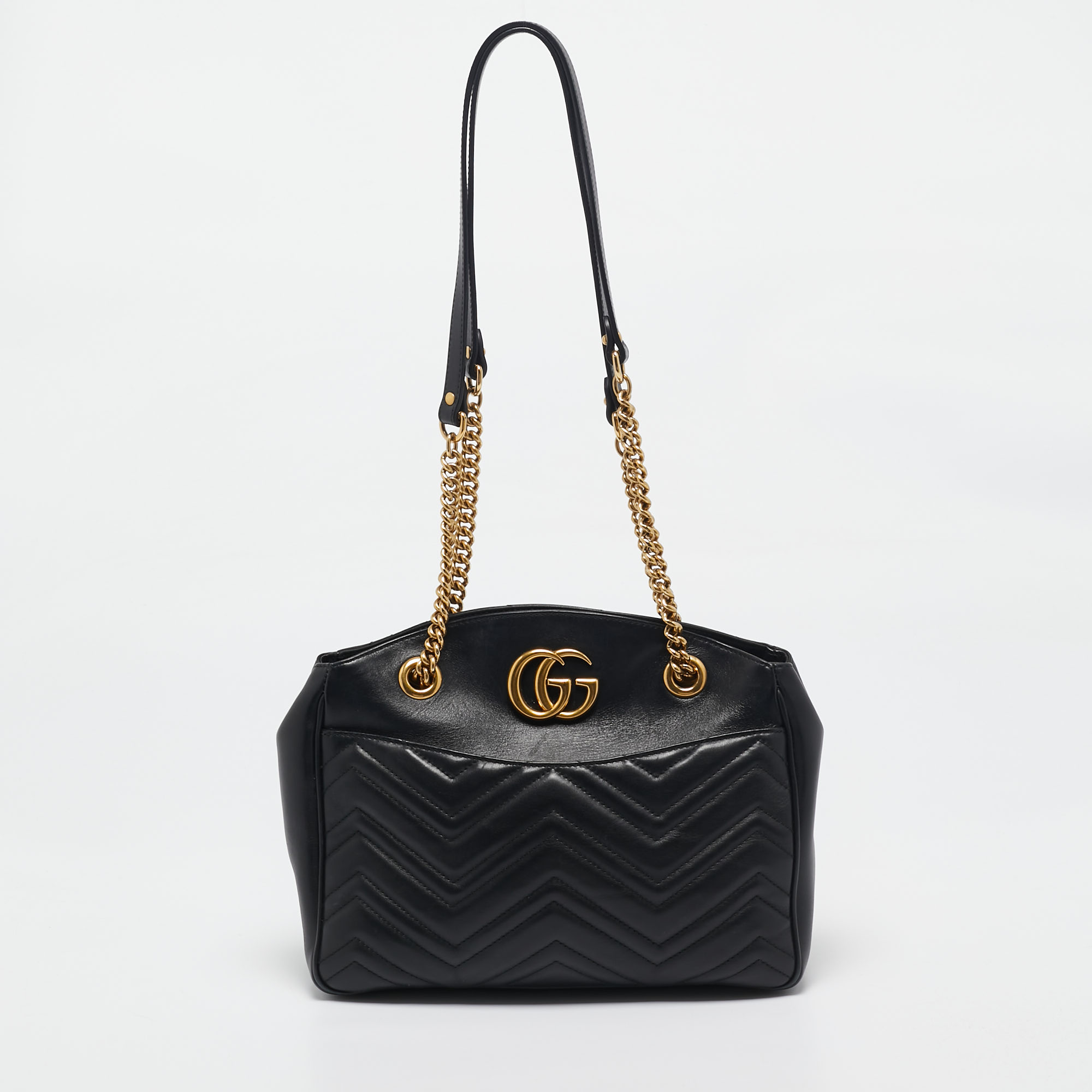 

Gucci Black Matelasse Leather Medium GG Marmont Open Top Shoulder Bag