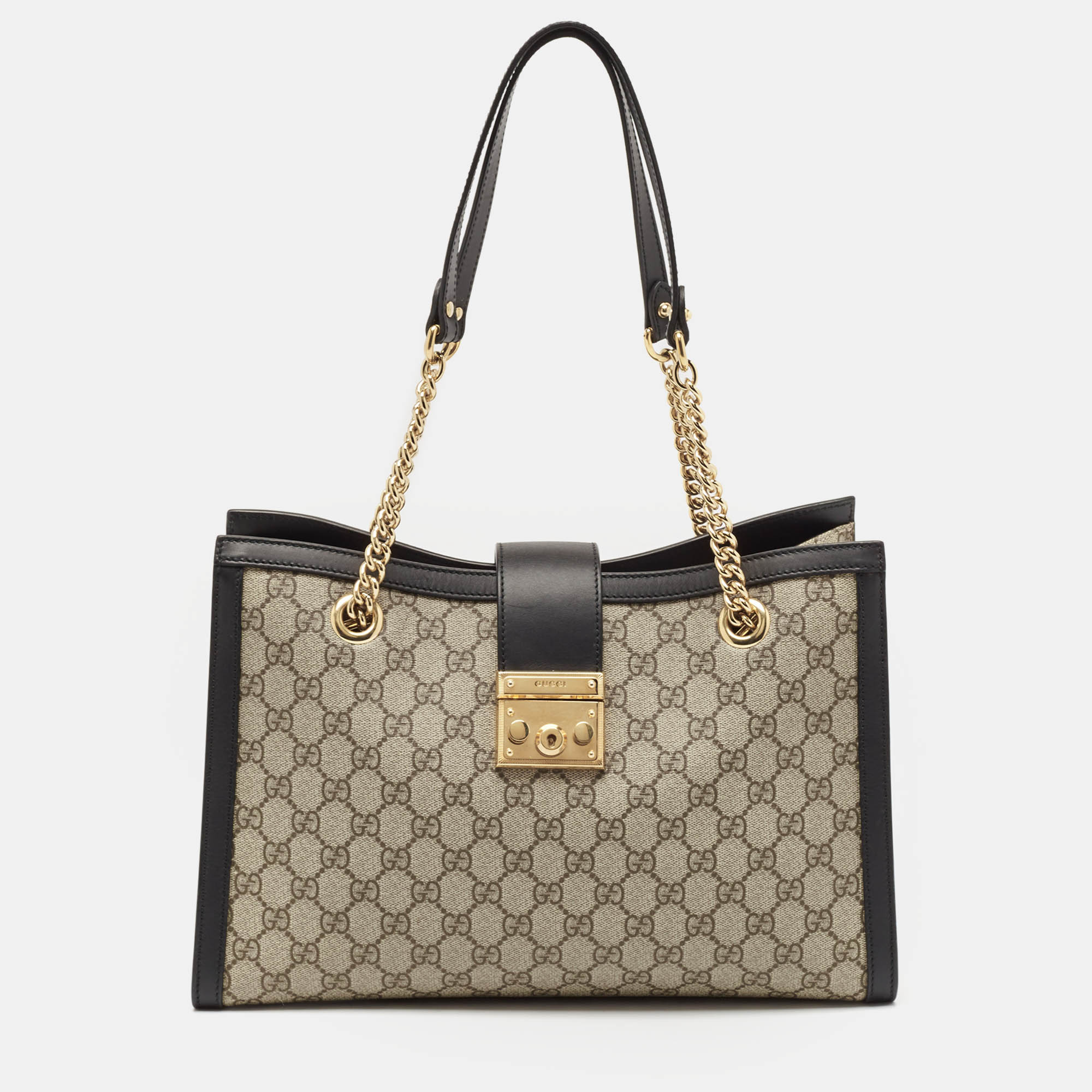 

Gucci Black/Beige GG Supreme Canvas and Leather Medium Padlock Tote