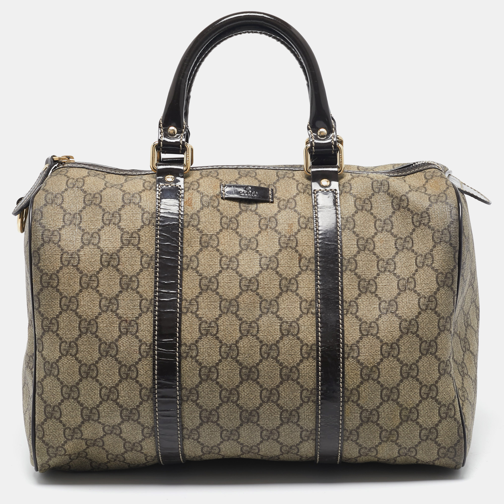 

Gucci Dark Brown/Beige GG Supreme Canvas and Patent Leather Medium Joy Boston Bag