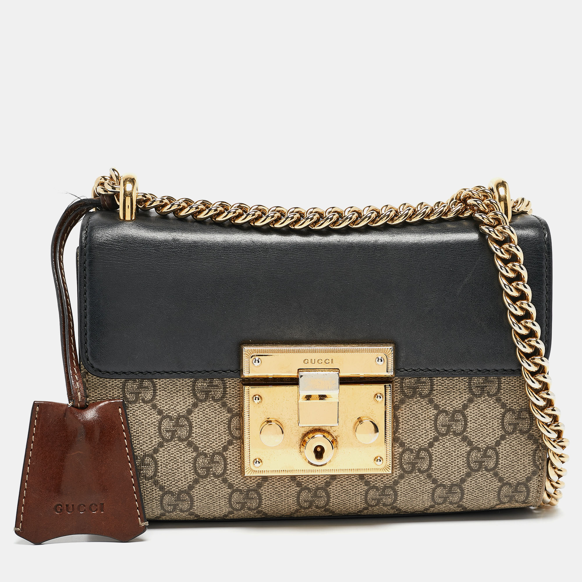 

Gucci Black/Beige GG Supreme Canvas and Leather Padlock Small Shoulder Bag