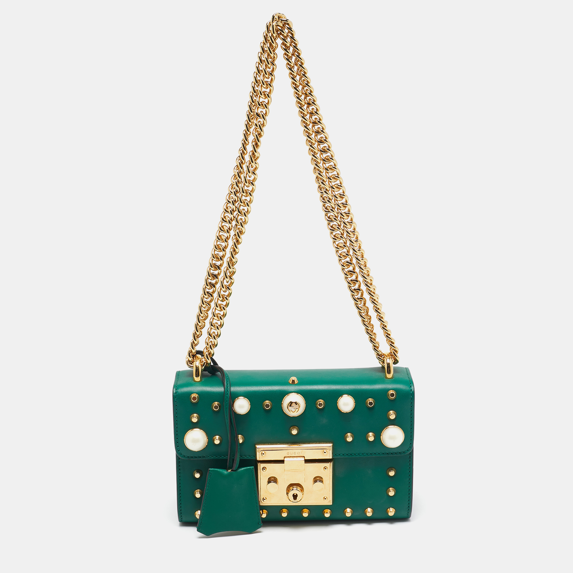 

Gucci Green Leather Small Pearl Studded Padlock Shoulder Bag