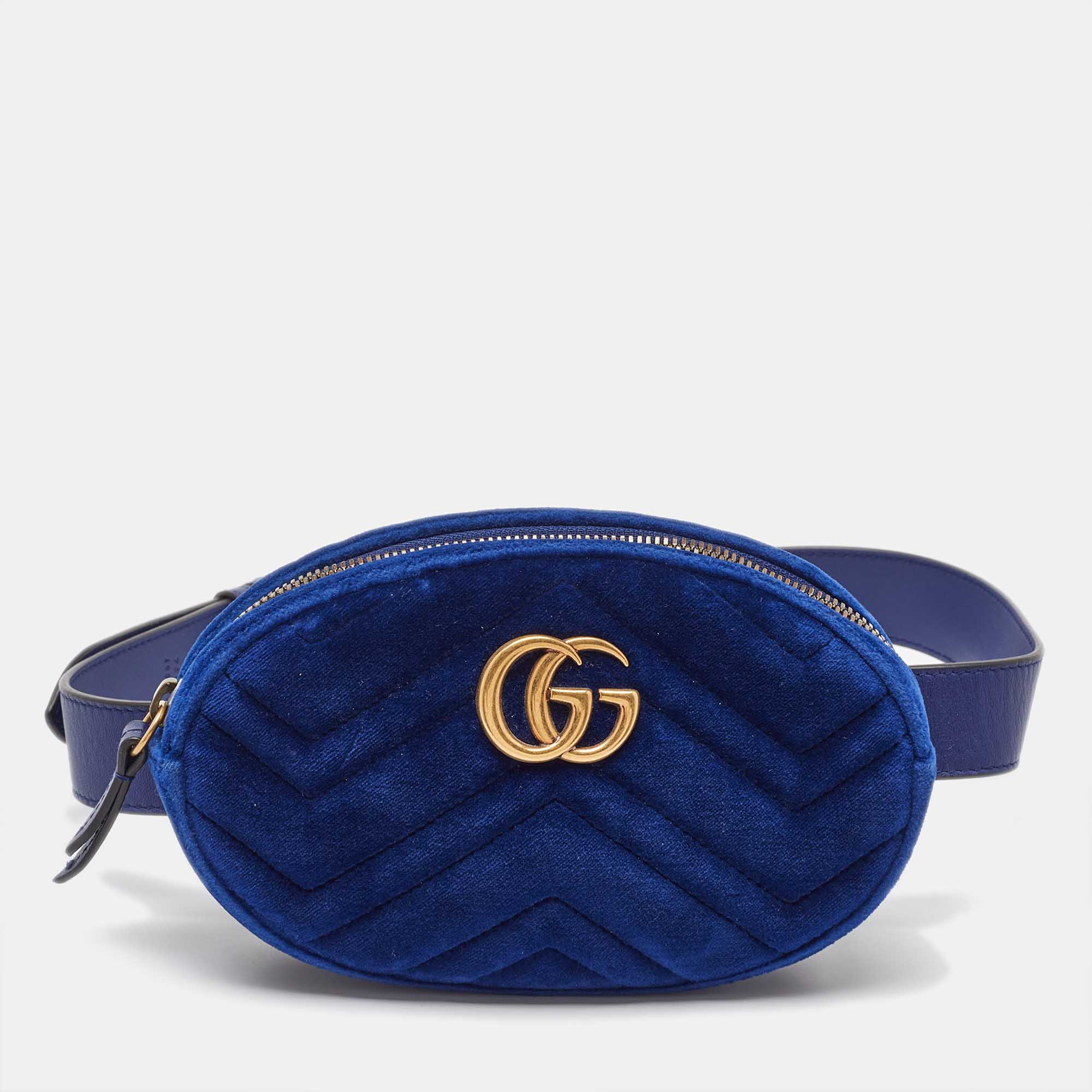 

Gucci Blue Matelassé Velvet GG Marmont Belt Bag