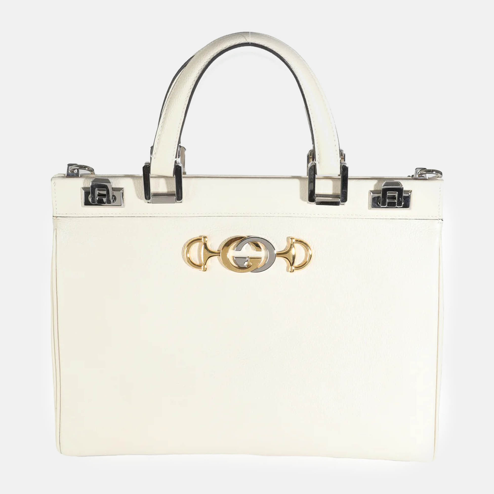 

Gucci Mystic White Grainy Calfskin Medium Zumi Top Handle Bag