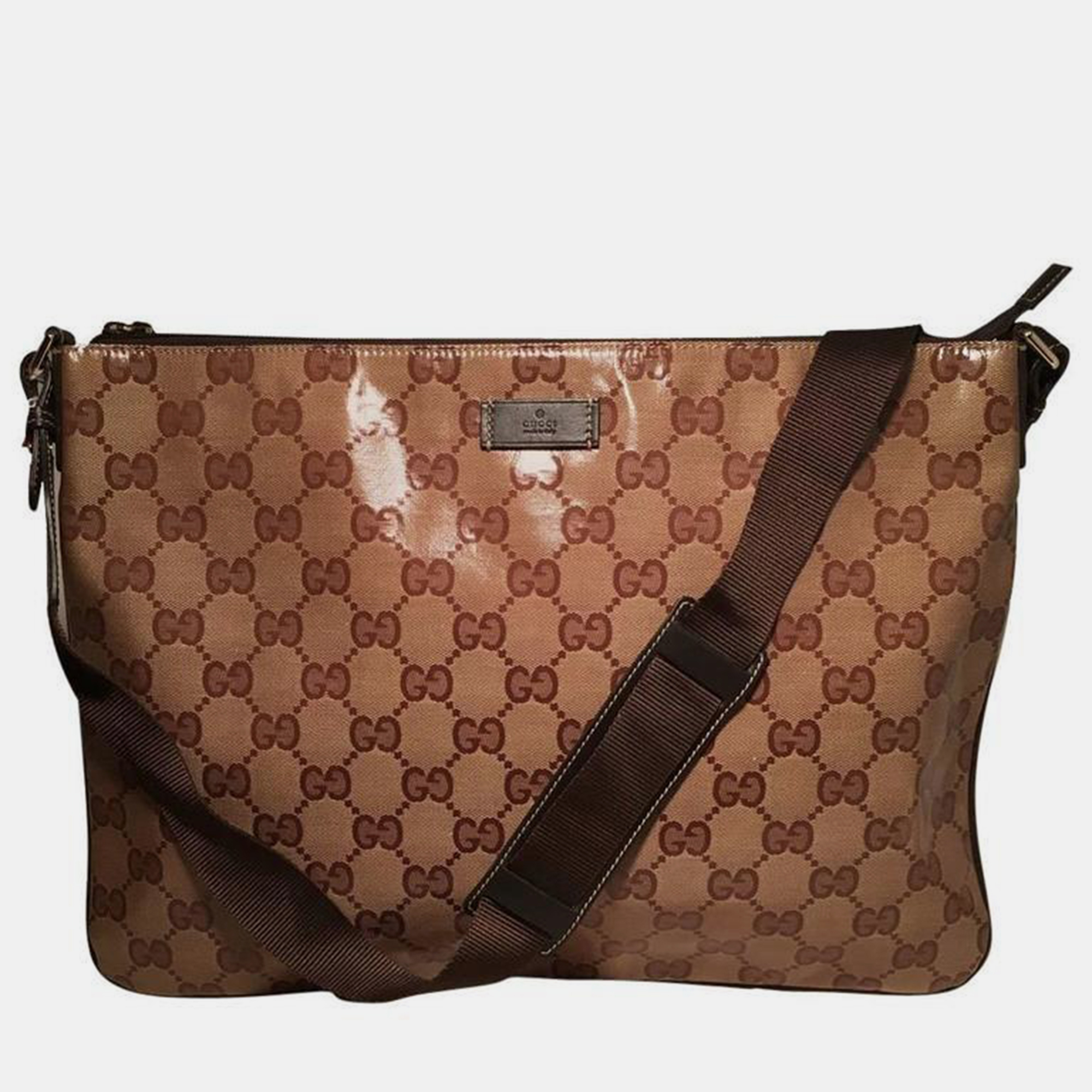 

Gucci  Coated Monogram Canvas Slim Messenger Shoulder Bag, Brown