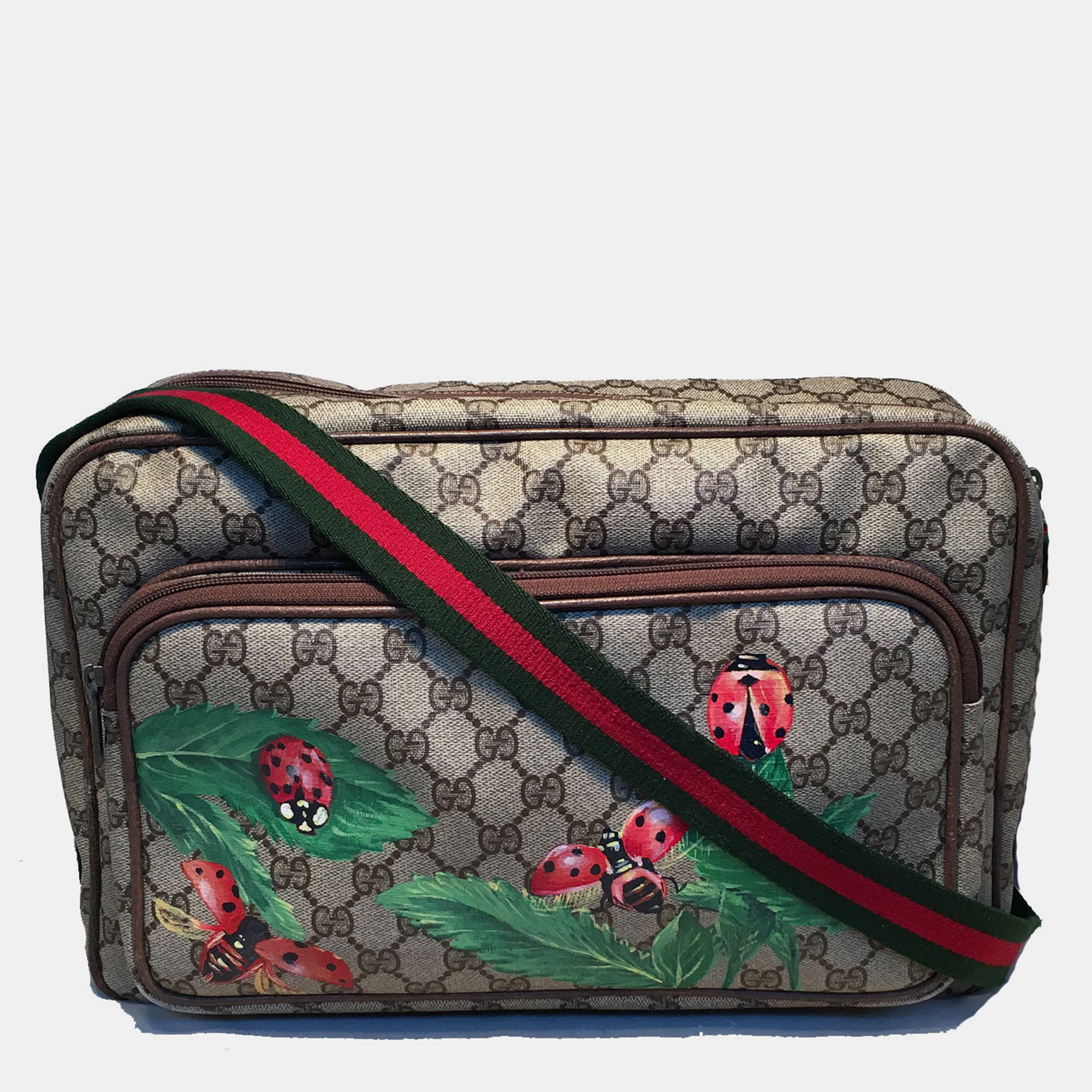 

Gucci Vintage Monogram Hand Painted Ladybug Reporter Messenger Shoulder Bag, Brown