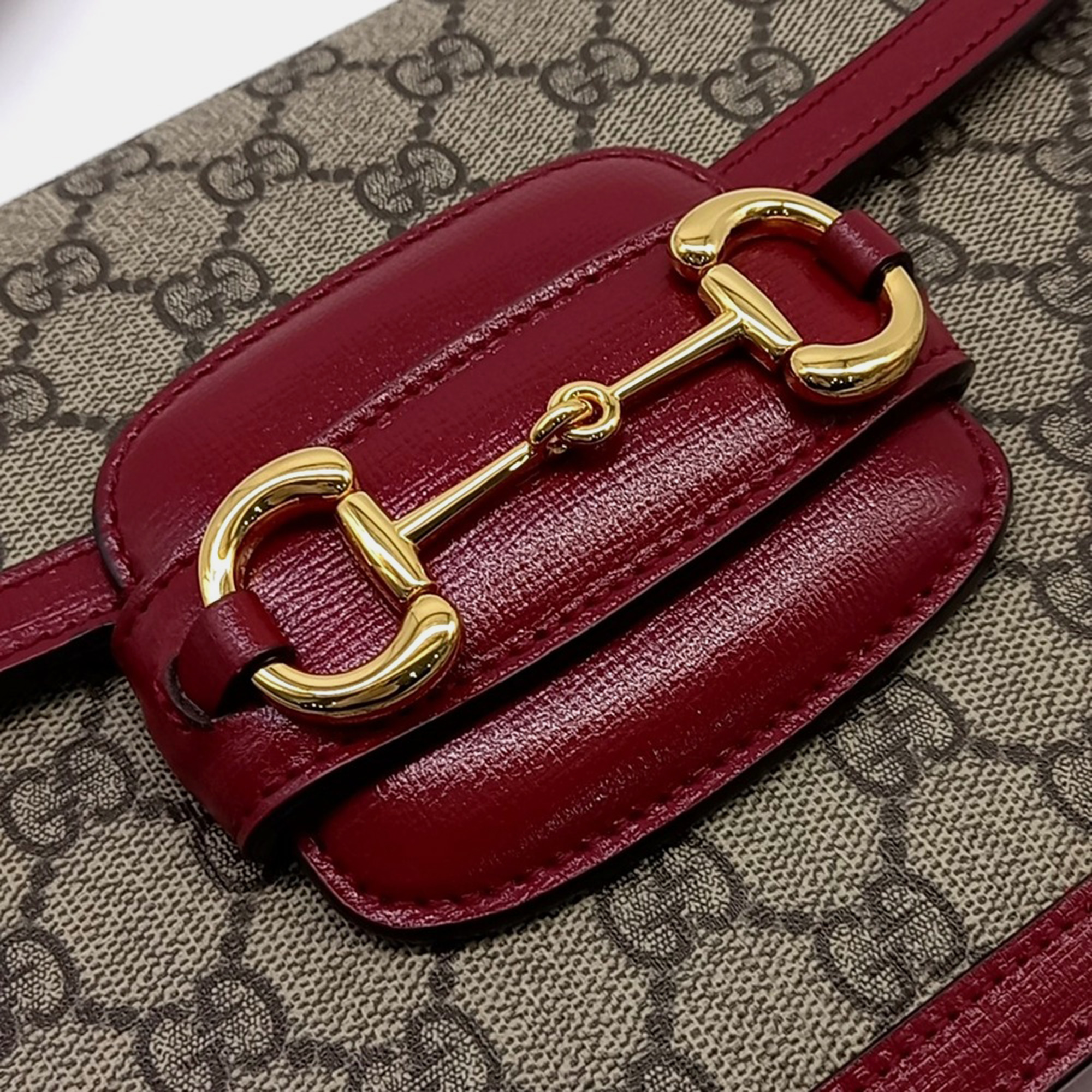 Gucci Beige Red Canvas and Leather 1955 Horsebit Shoulder Bag 