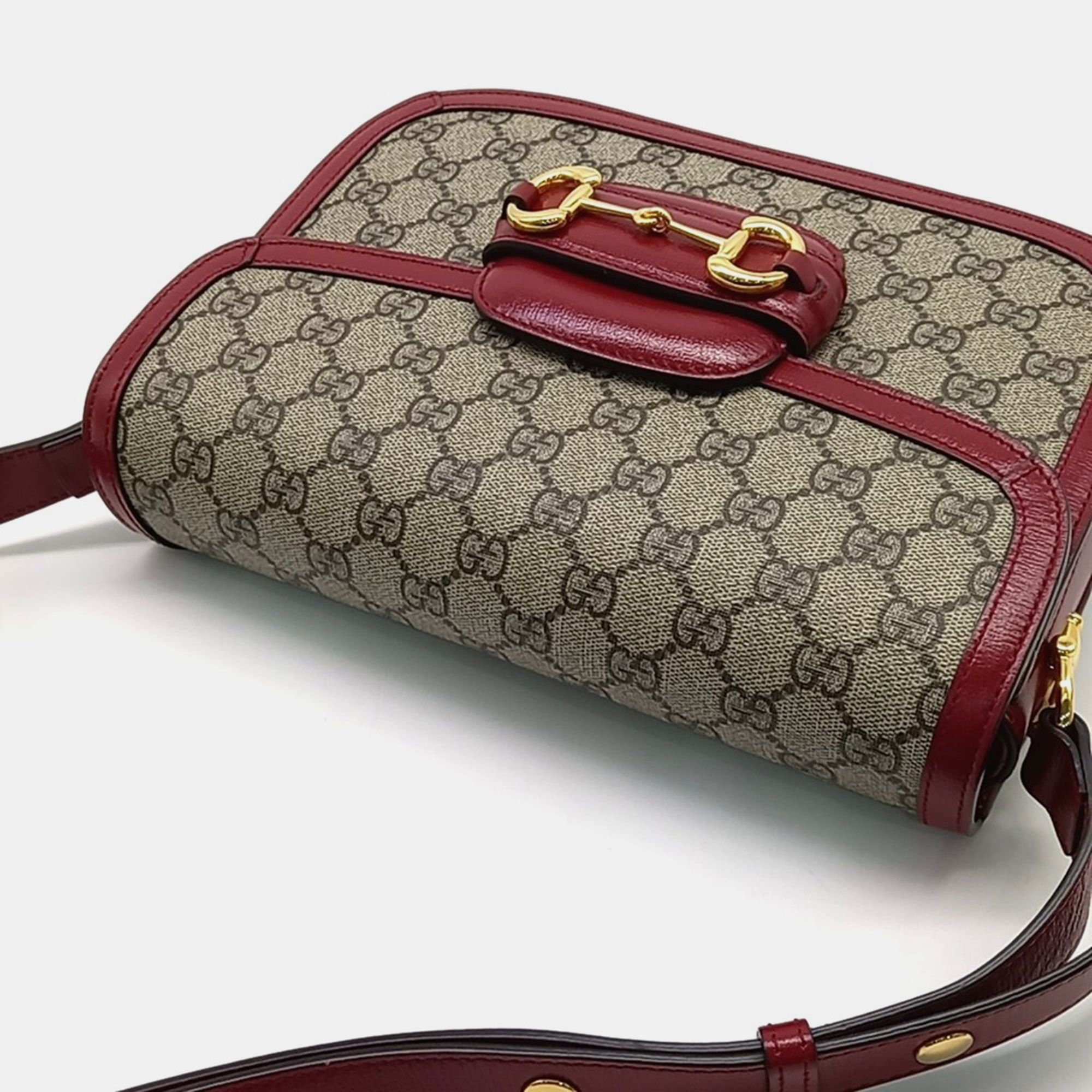 Gucci Beige Red Canvas and Leather 1955 Horsebit Shoulder Bag 