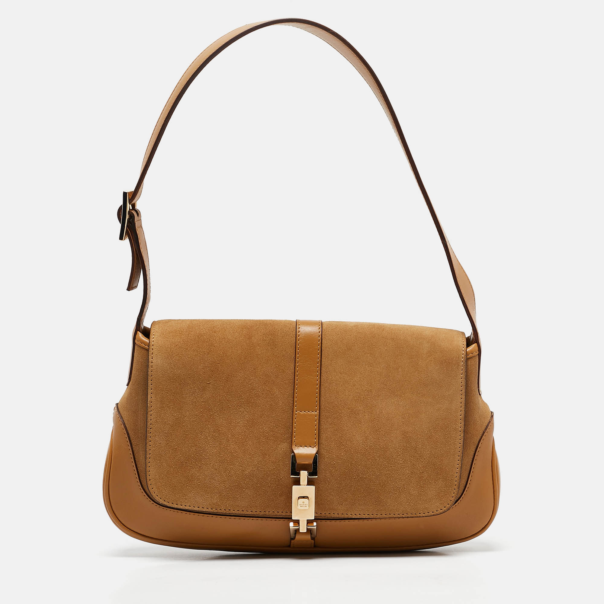 

Gucci Tan Suede and Leather Jackie Bardot Flap Shoulder Bag