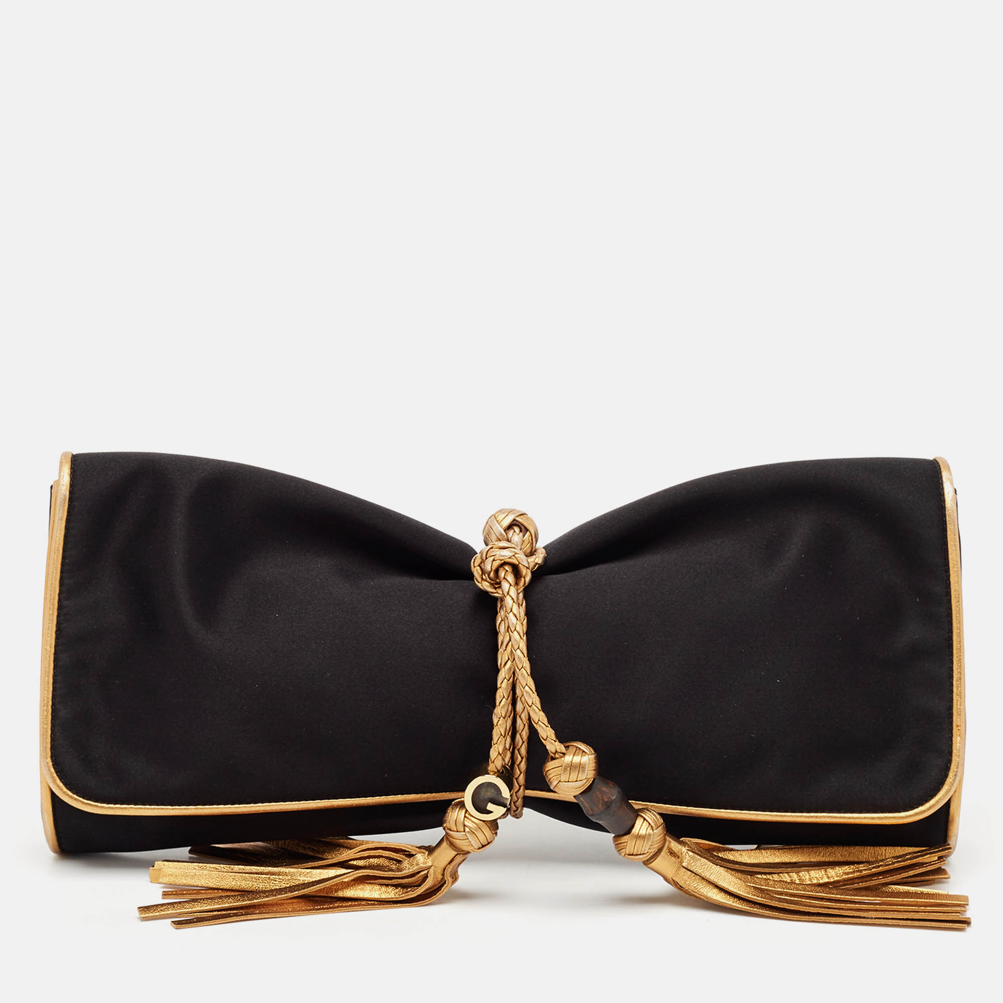 

Gucci Black/Gold Satin Malika Tassel Clutch