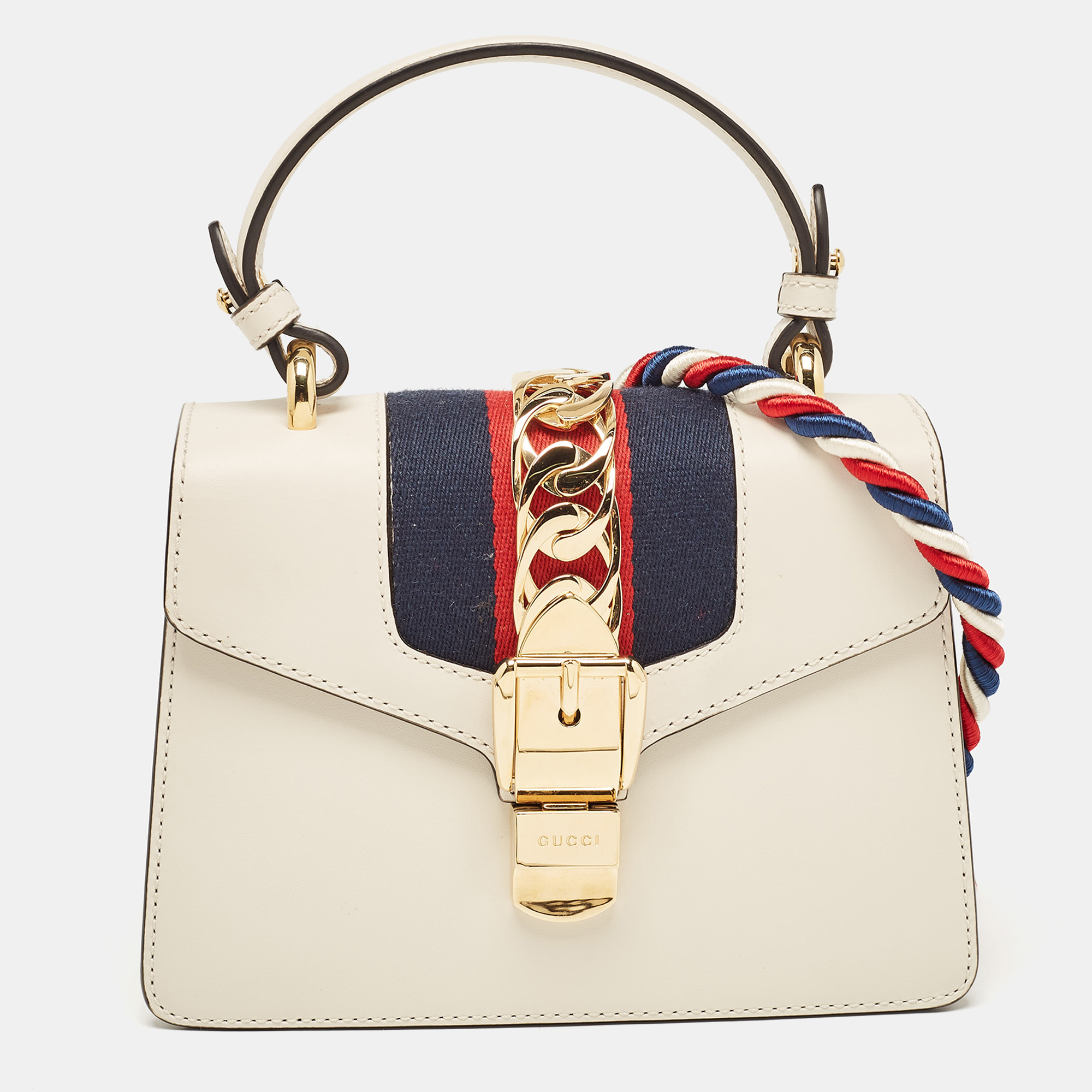 

Gucci White Leather Mini Web Chain Sylvie Top Handle Bag