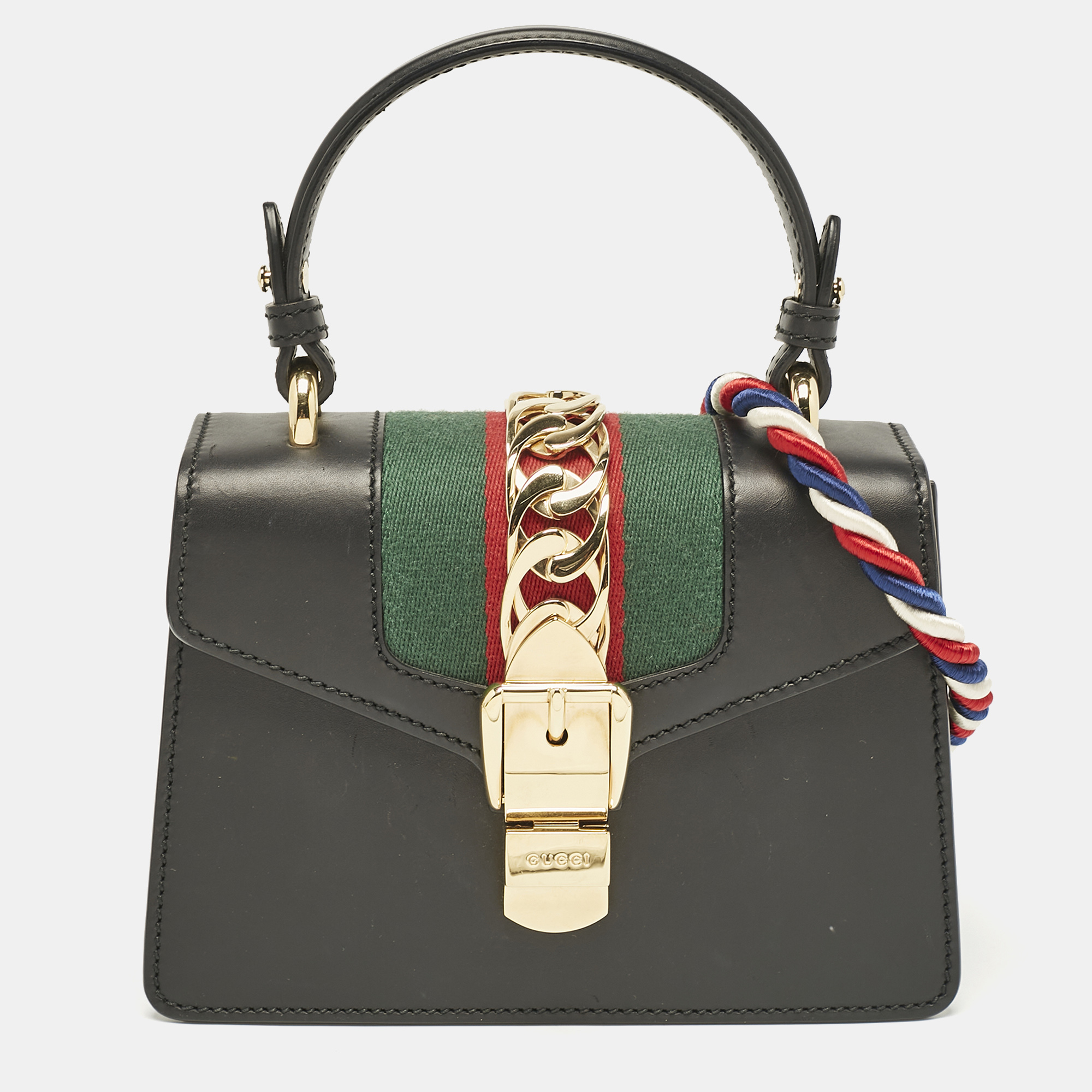 

Gucci Black Leather Mini Web Chain Sylvie Top Handle Bag