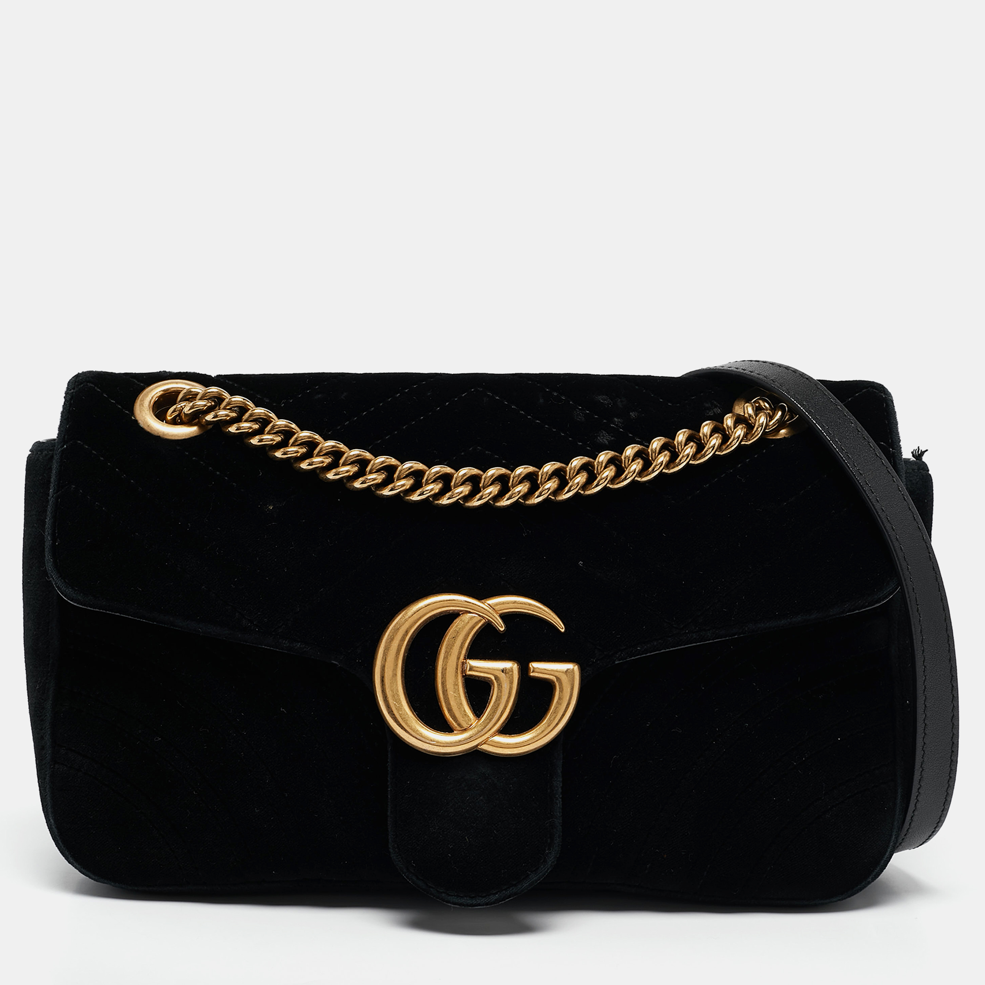 

Gucci Black Matelassé Velvet Small GG Marmont Shoulder Bag