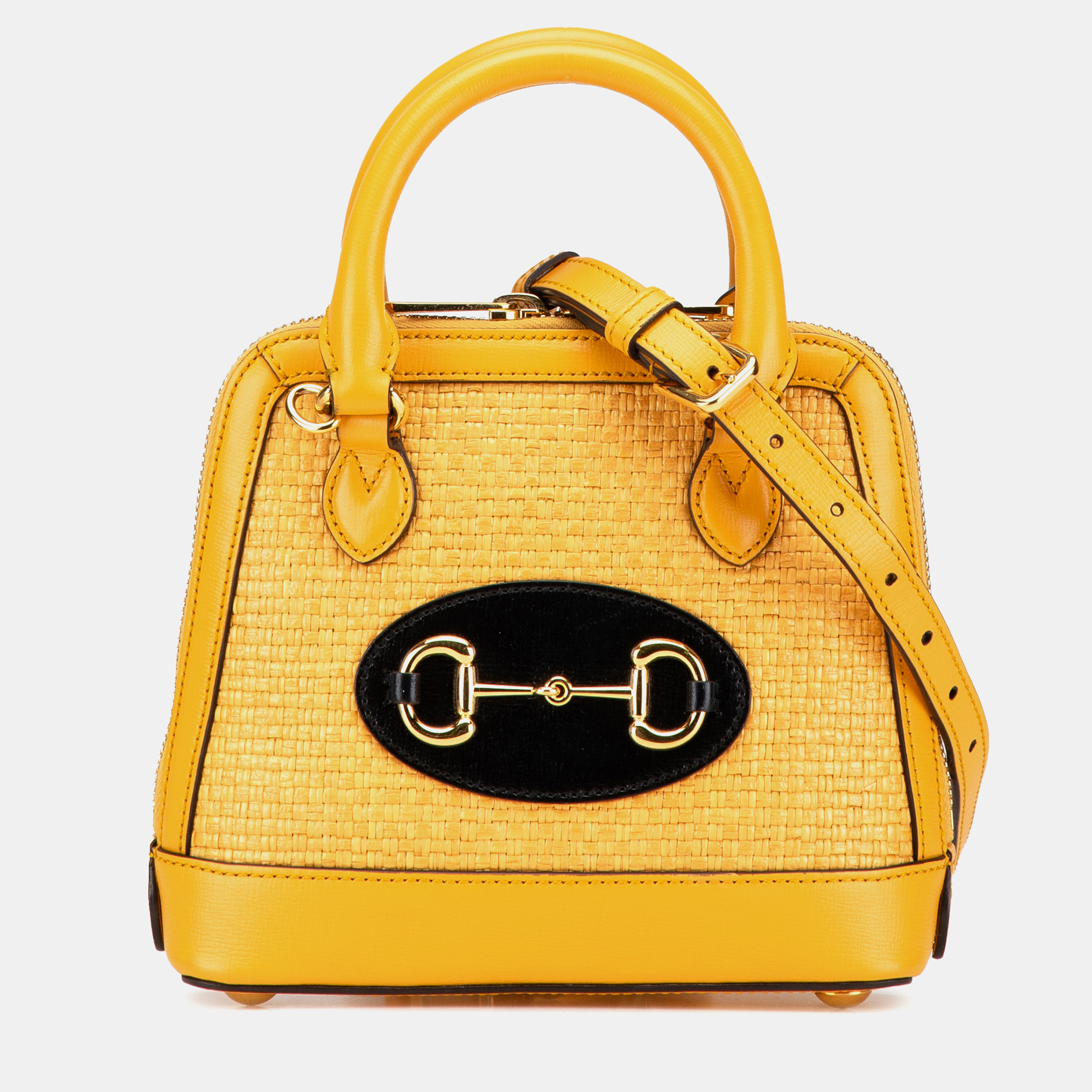 

Gucci Yellow Mini Raffia Horsebit 1955 Top Handle Bag