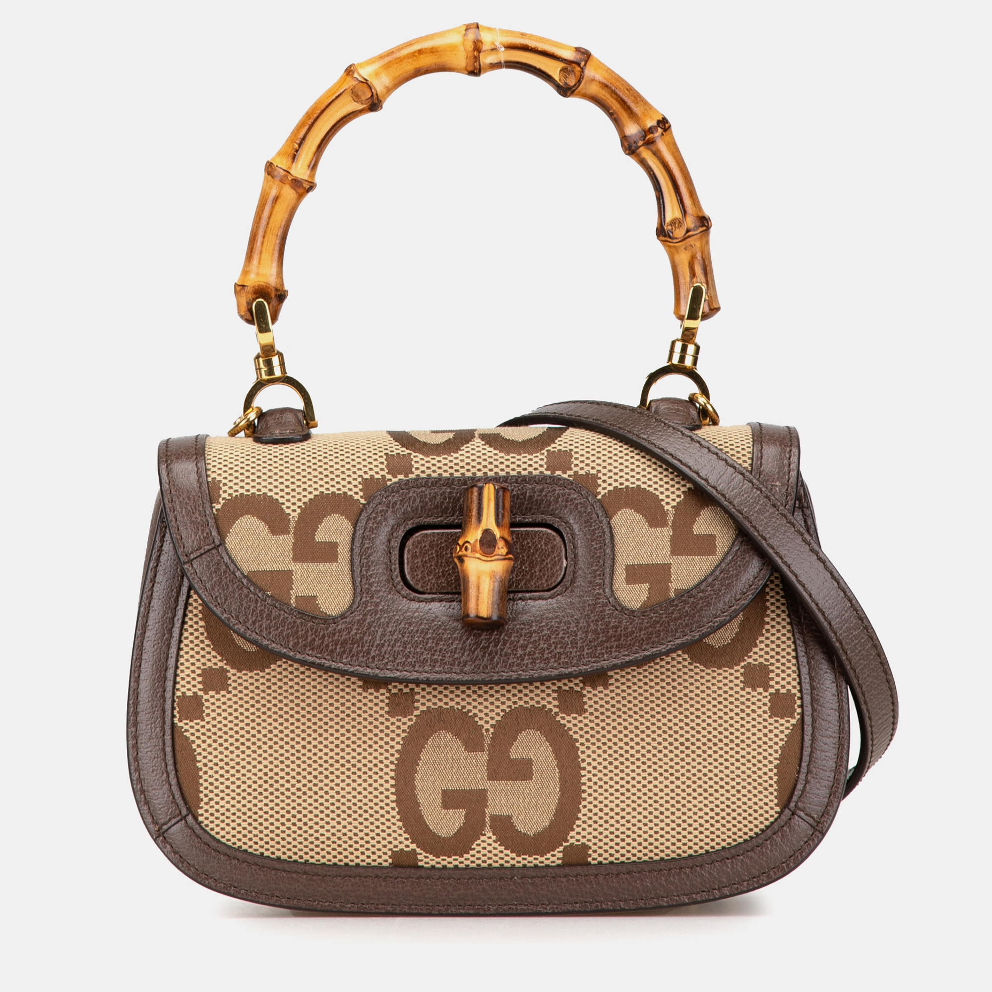 

Gucci Brown Small Jumbo GG Canvas Bamboo 1947 Top Handle Bag