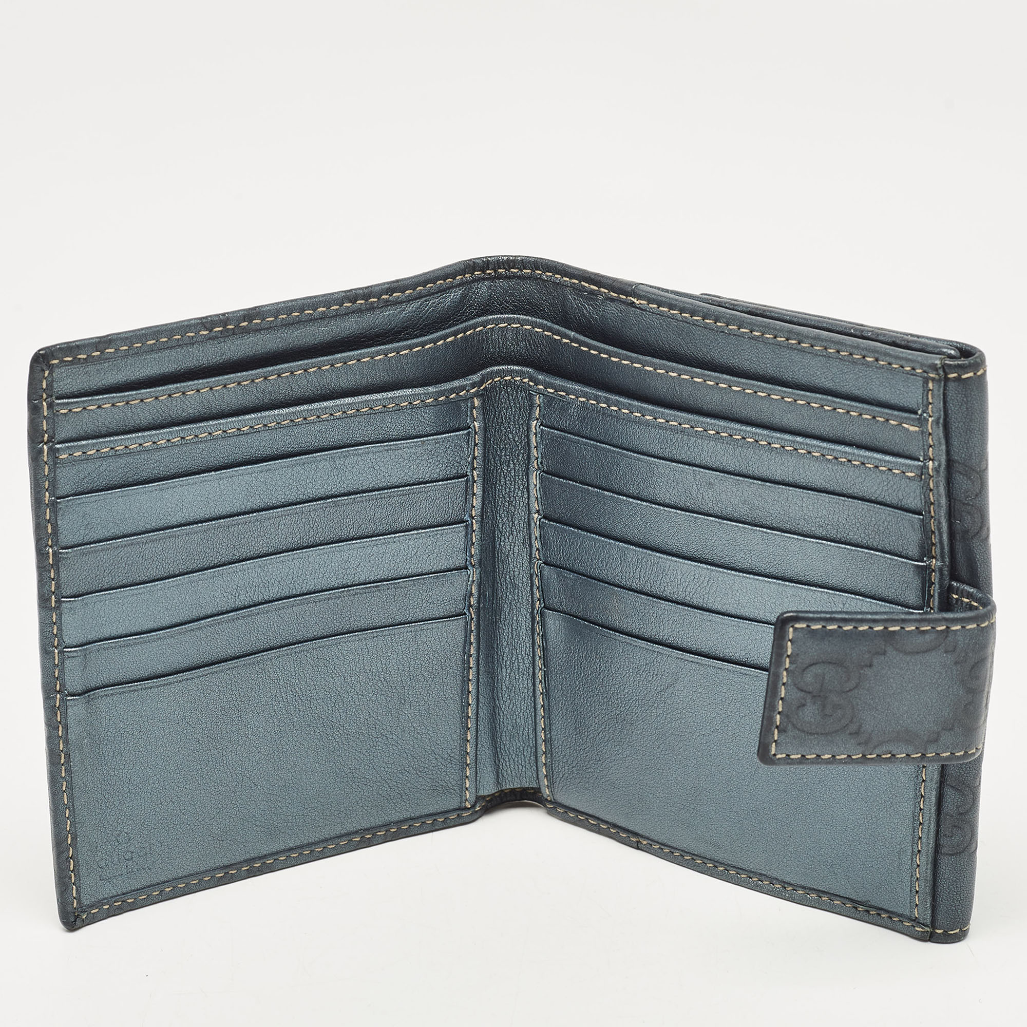 Gucci Teal Green Guccissima Leather Metal Flap French Wallet 