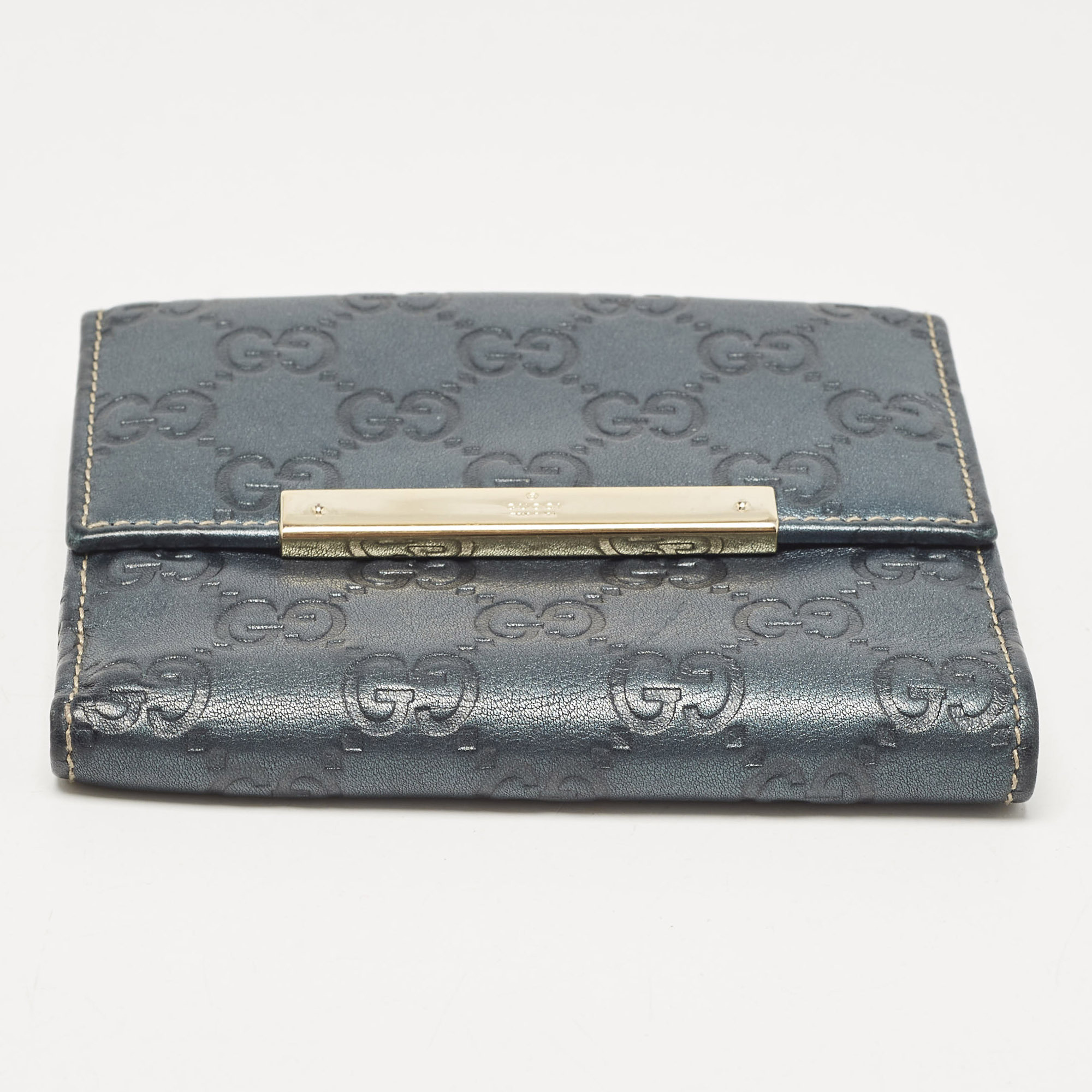 Gucci Teal Green Guccissima Leather Metal Flap French Wallet 