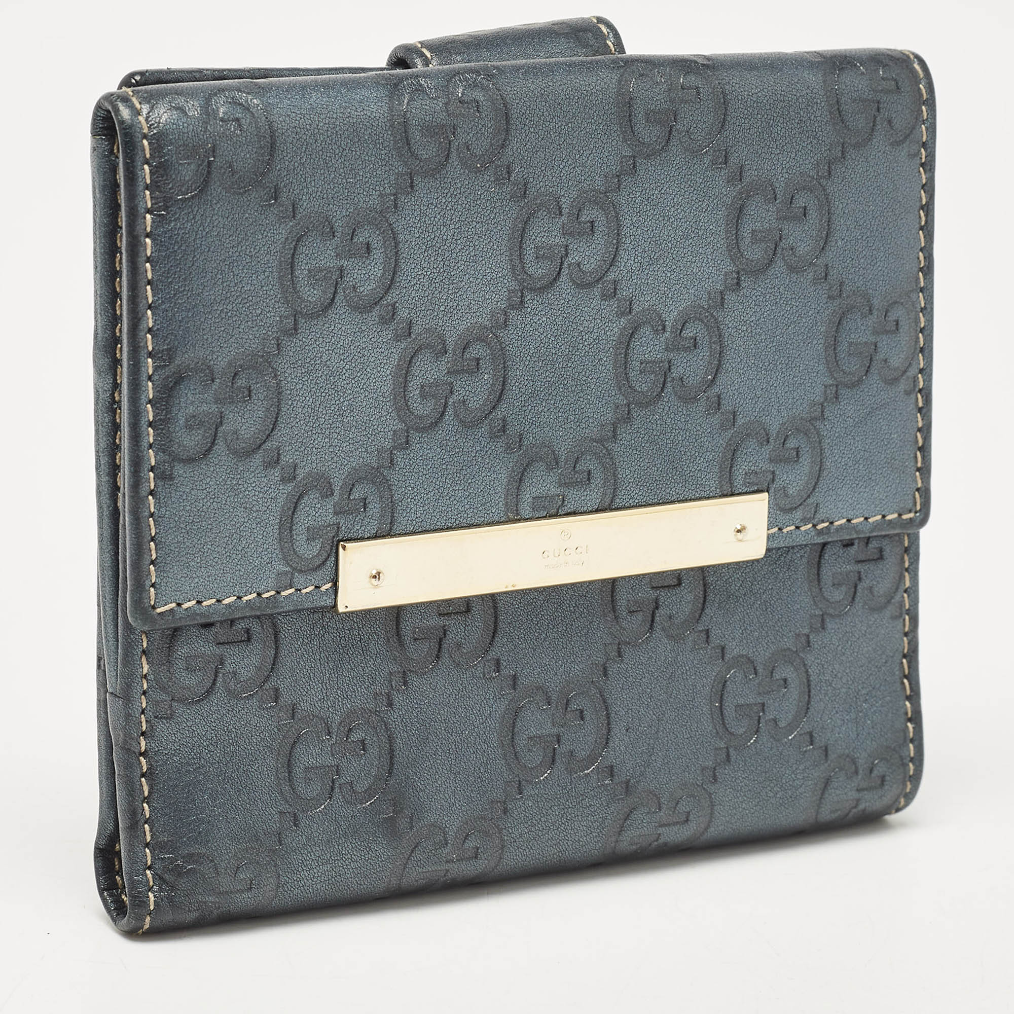 Gucci Teal Green Guccissima Leather Metal Flap French Wallet 
