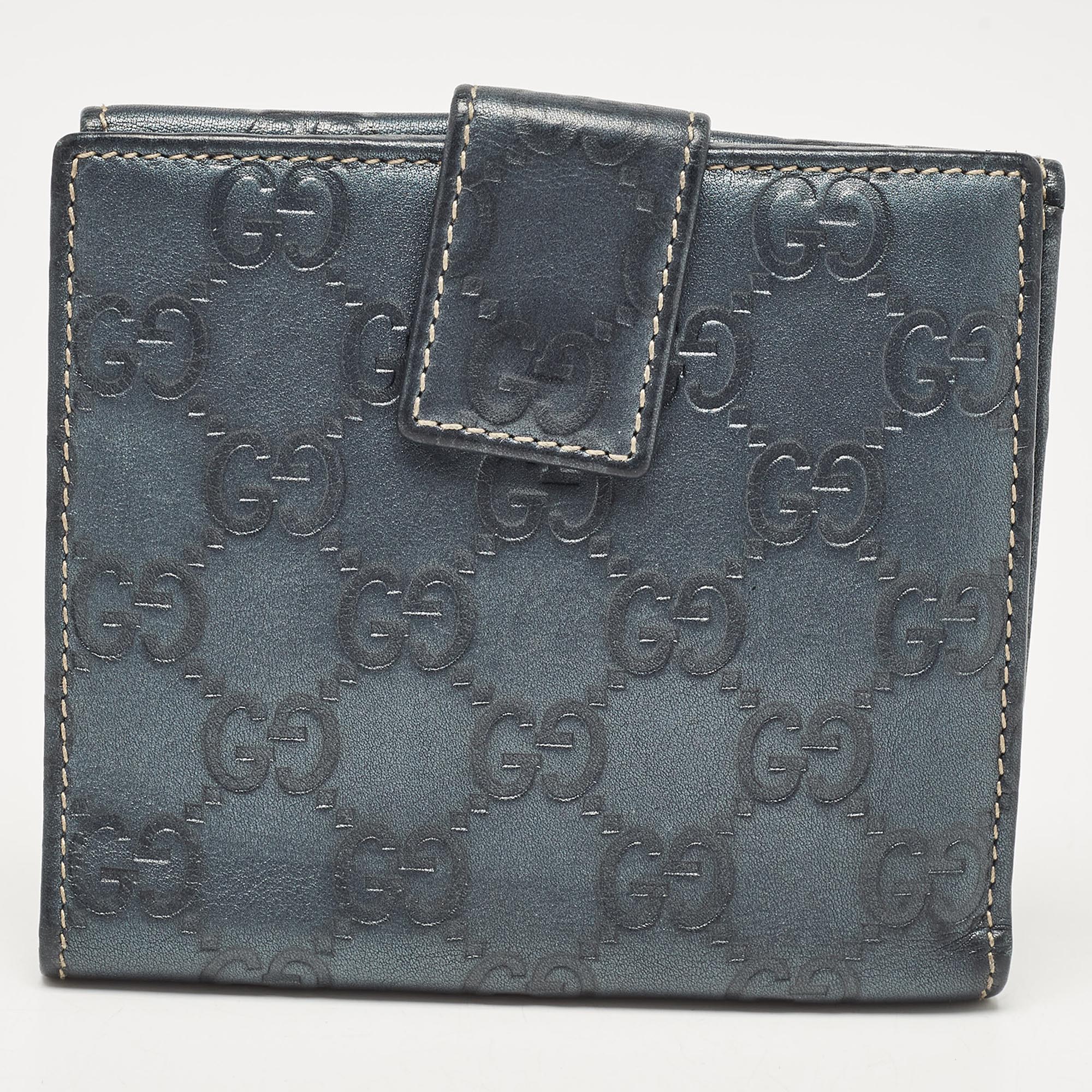 Gucci Teal Green Guccissima Leather Metal Flap French Wallet 