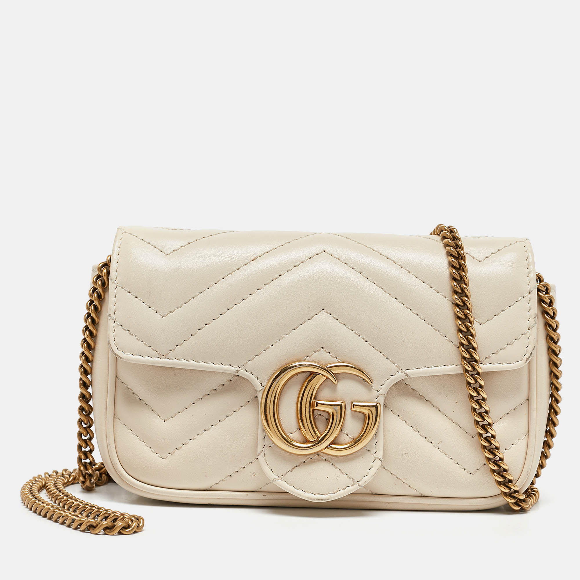 

Gucci Off White Matelassé Leather GG Marmont Super Mini Shoulder Bag