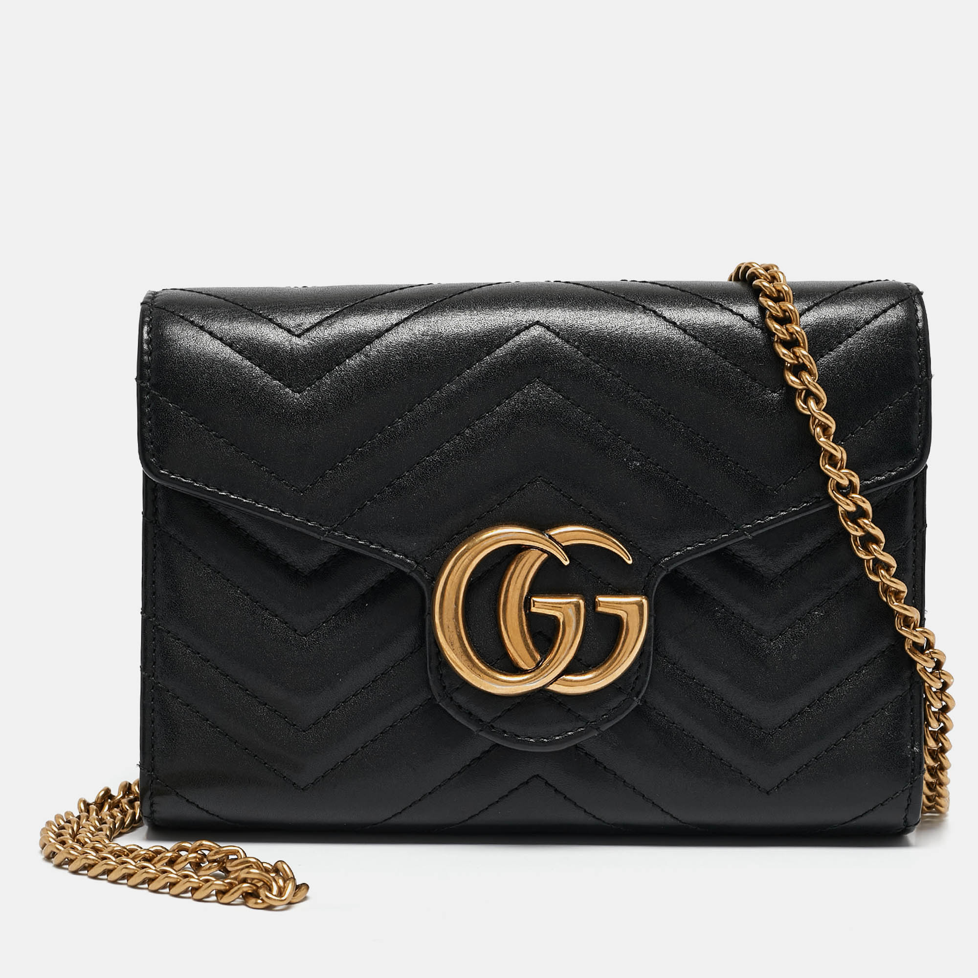 

Gucci Black Matelassé Leather GG Marmont Wallet On Chain