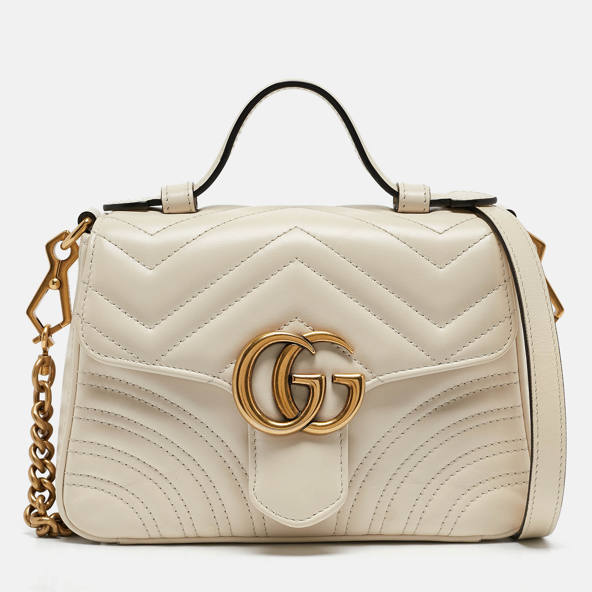 

Gucci Off White Matelassé Leather Mini GG Marmont Top Handle Bag