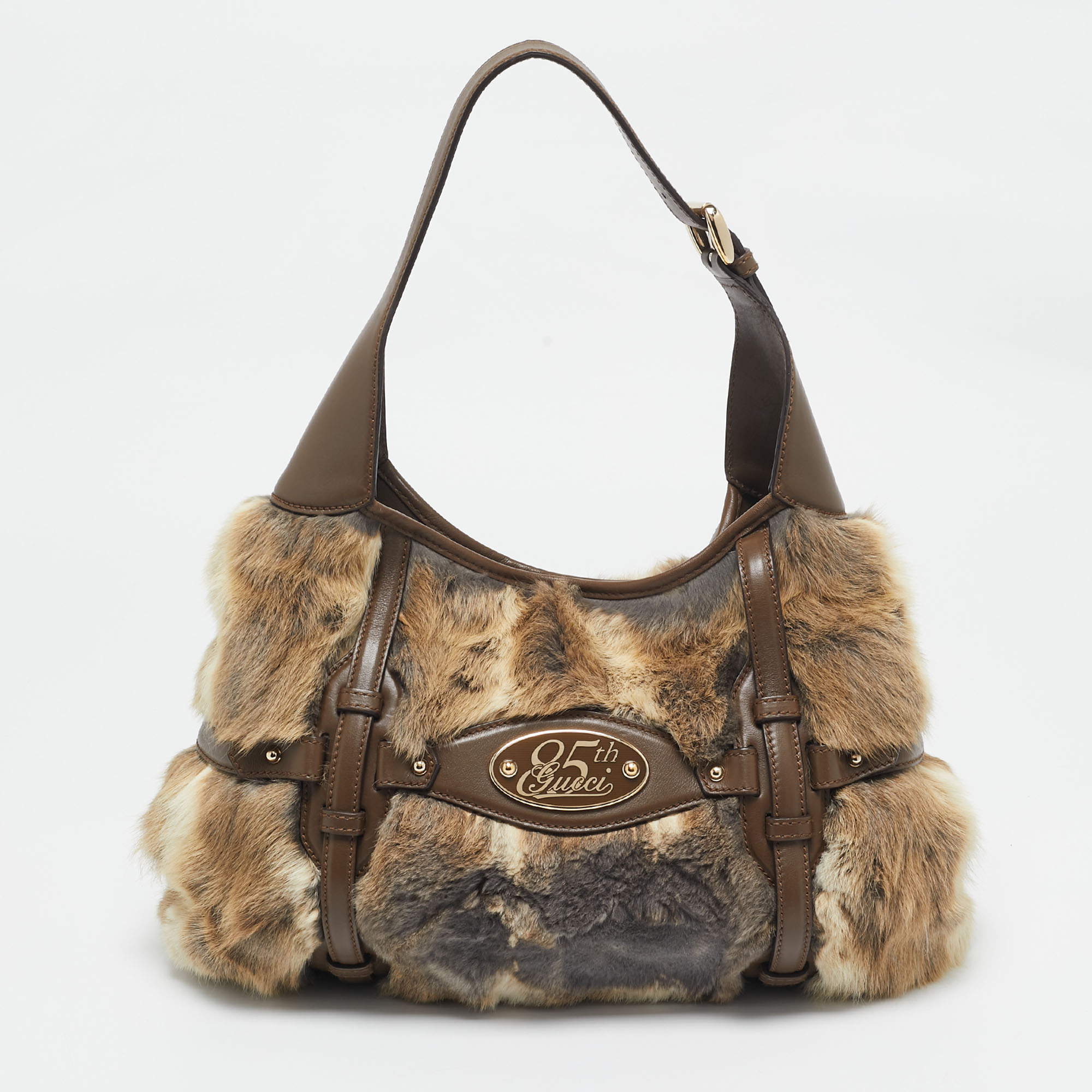 Gucci Beige/Brown Leather and Rabbit Fur 85th Anniversary Hobo 