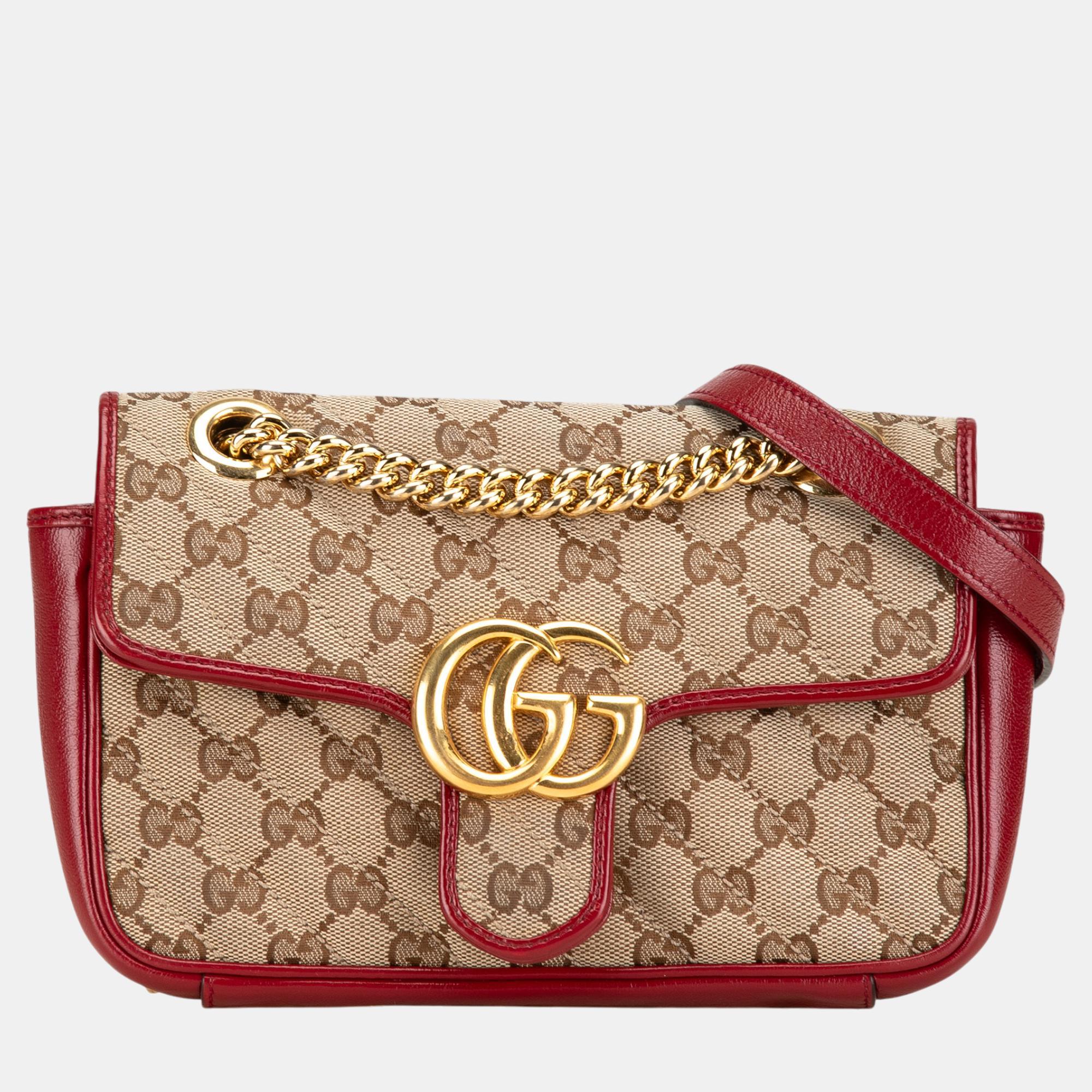 

Gucci Beige Red Canvas Mini GG Marmont Flap Shoulder Bag