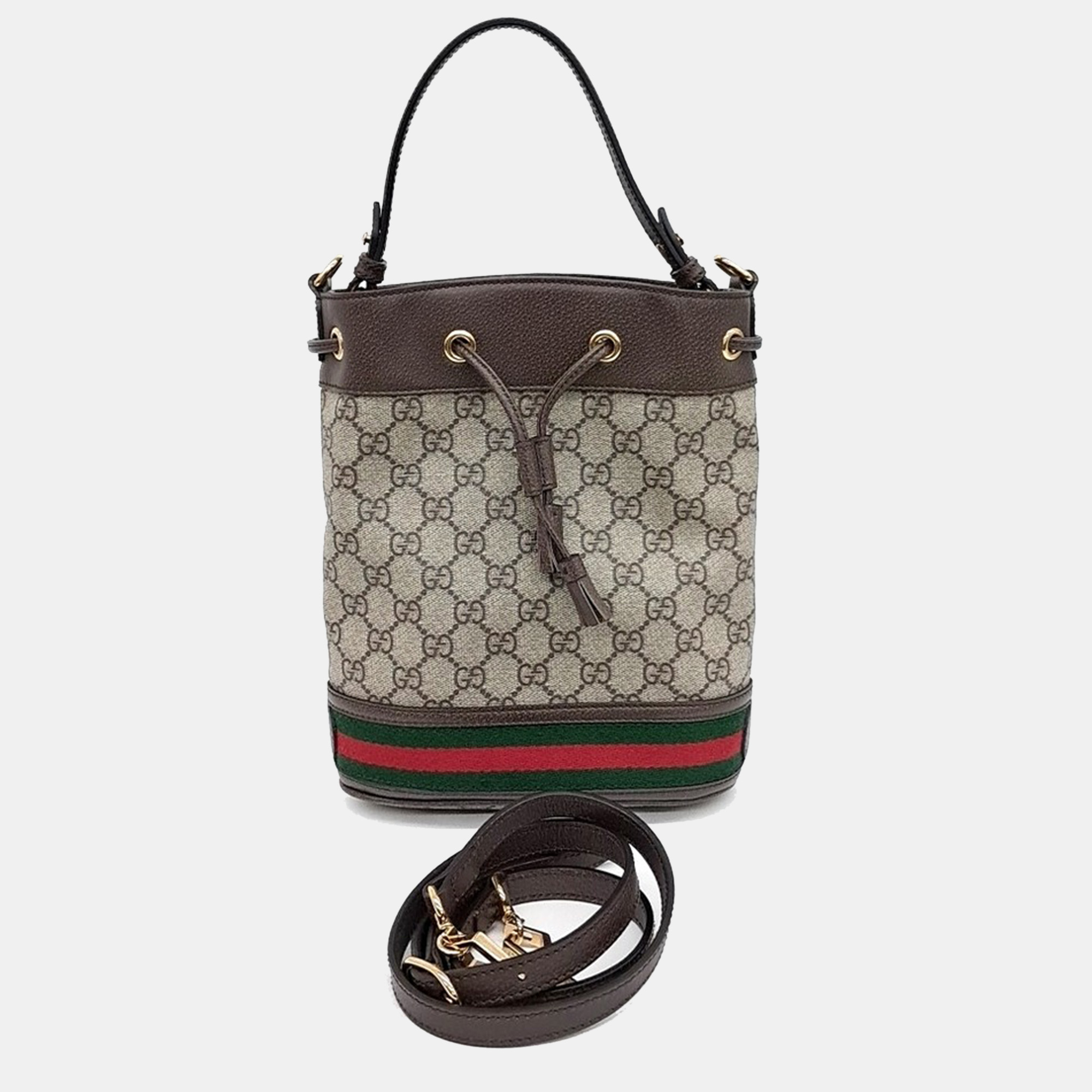 

Gucci Beige Brown Canvas and Leather Ophidia small bucket bag