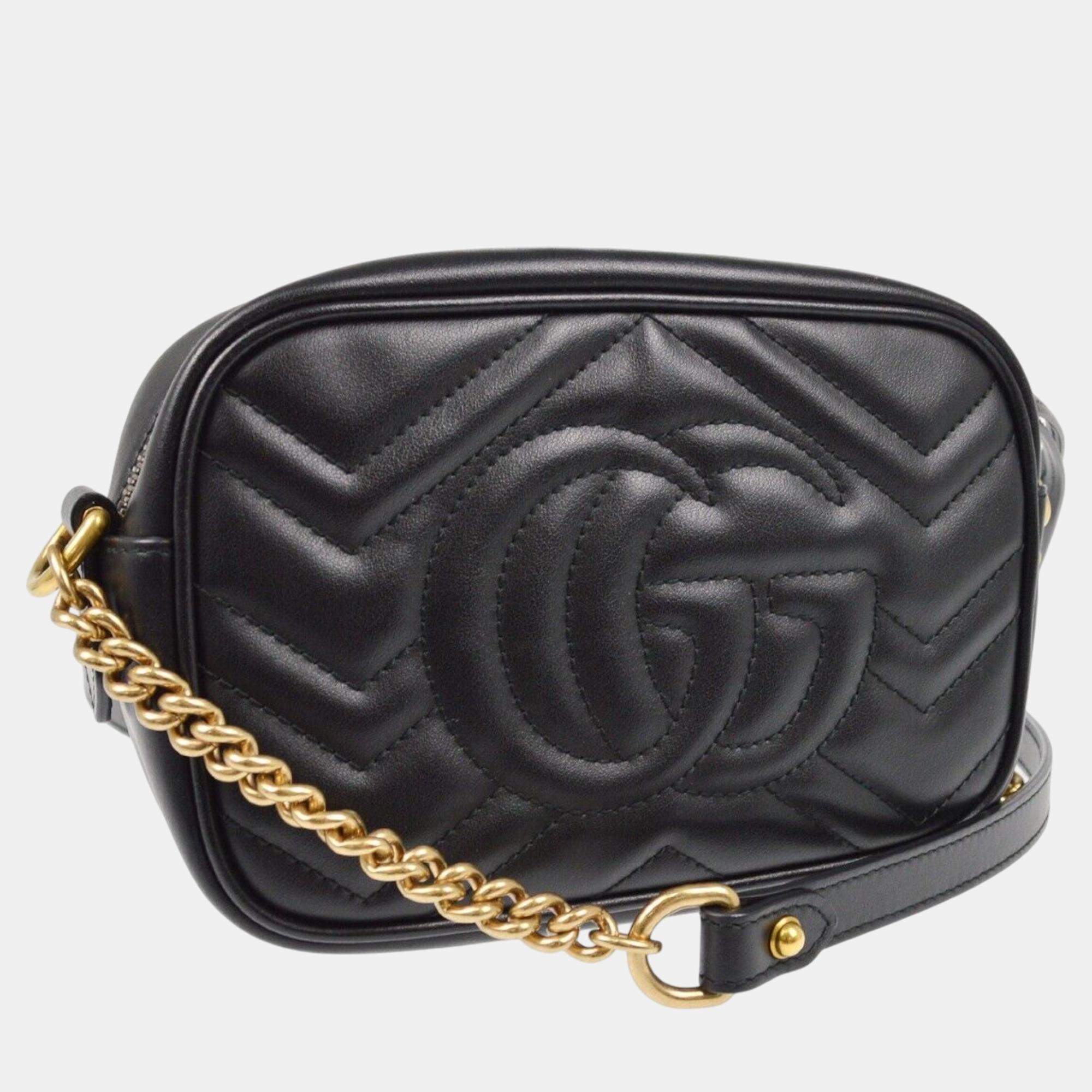 Gucci Black Leather GG Marmont Crossbody Bag 