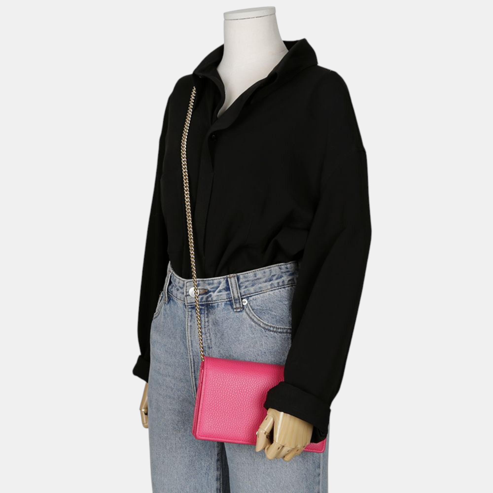 Gucci Pink Leather Mini GG Marmont Chain Shoulder Bag 