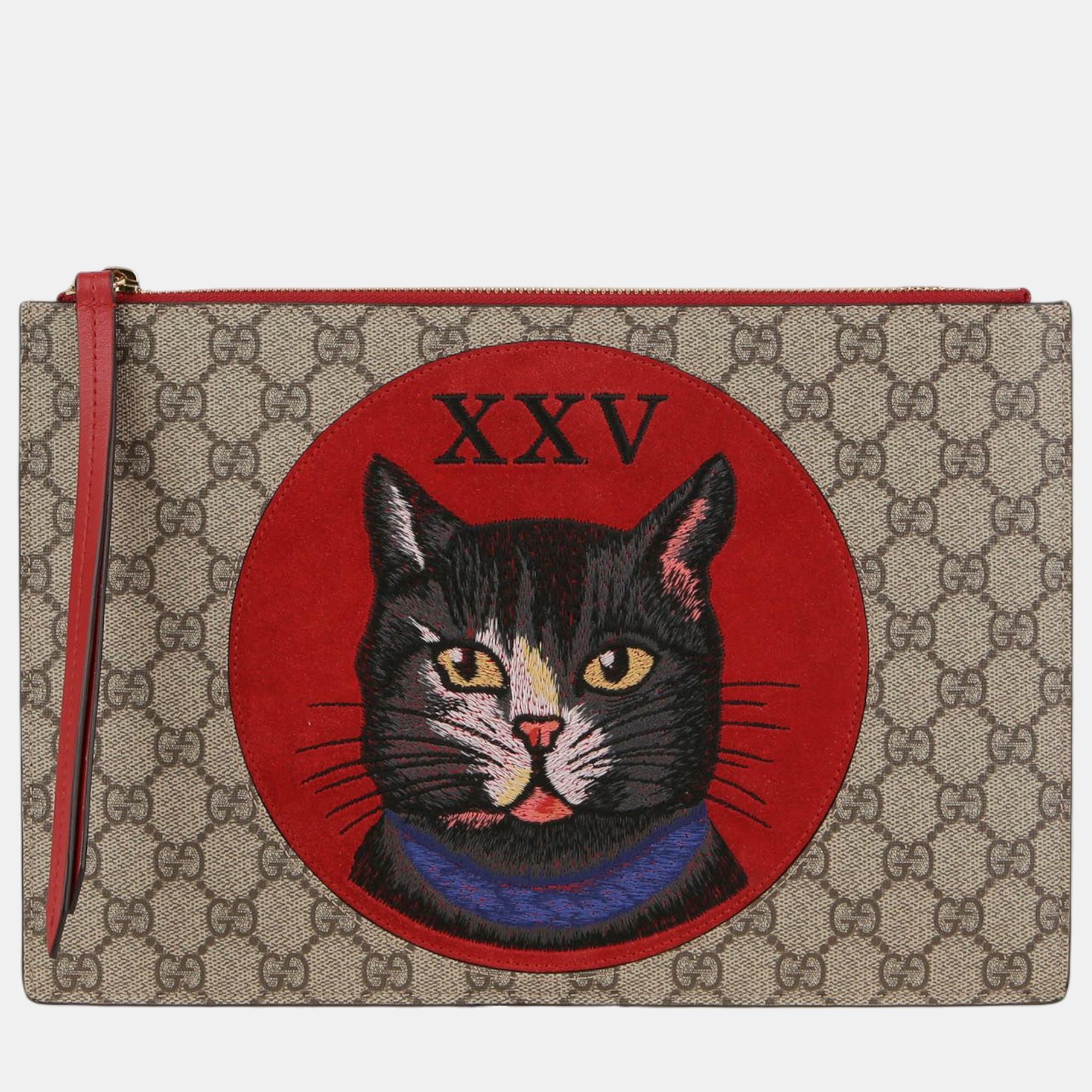 

Gucci GG Supreme Canvas Mystic Cat Embroidery Clutch, Beige