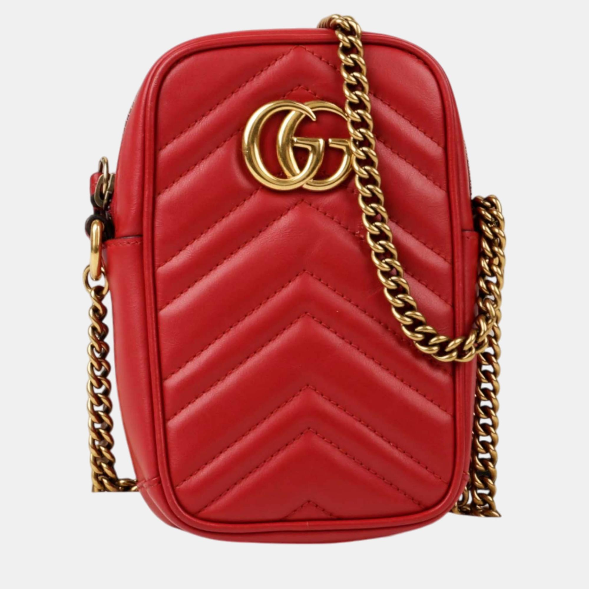 

Gucci Mini Red Matelasse Leather GG Marmont Cross Bag