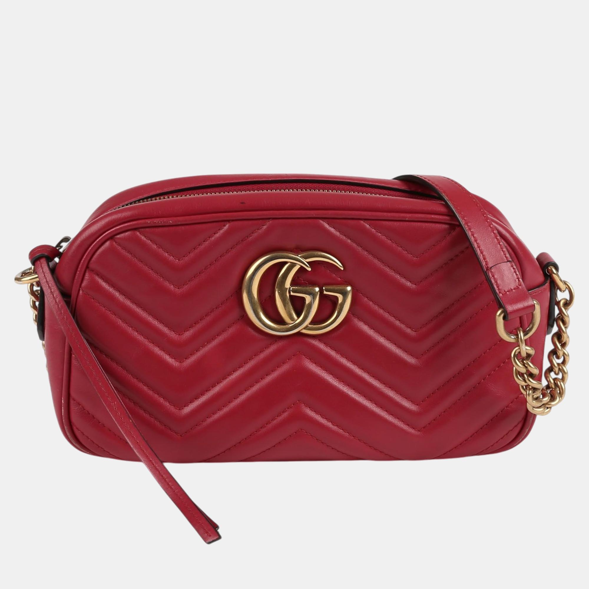 

Gucci Small Red Matelasse Leather GG Marmont Shoulder And Crossbag