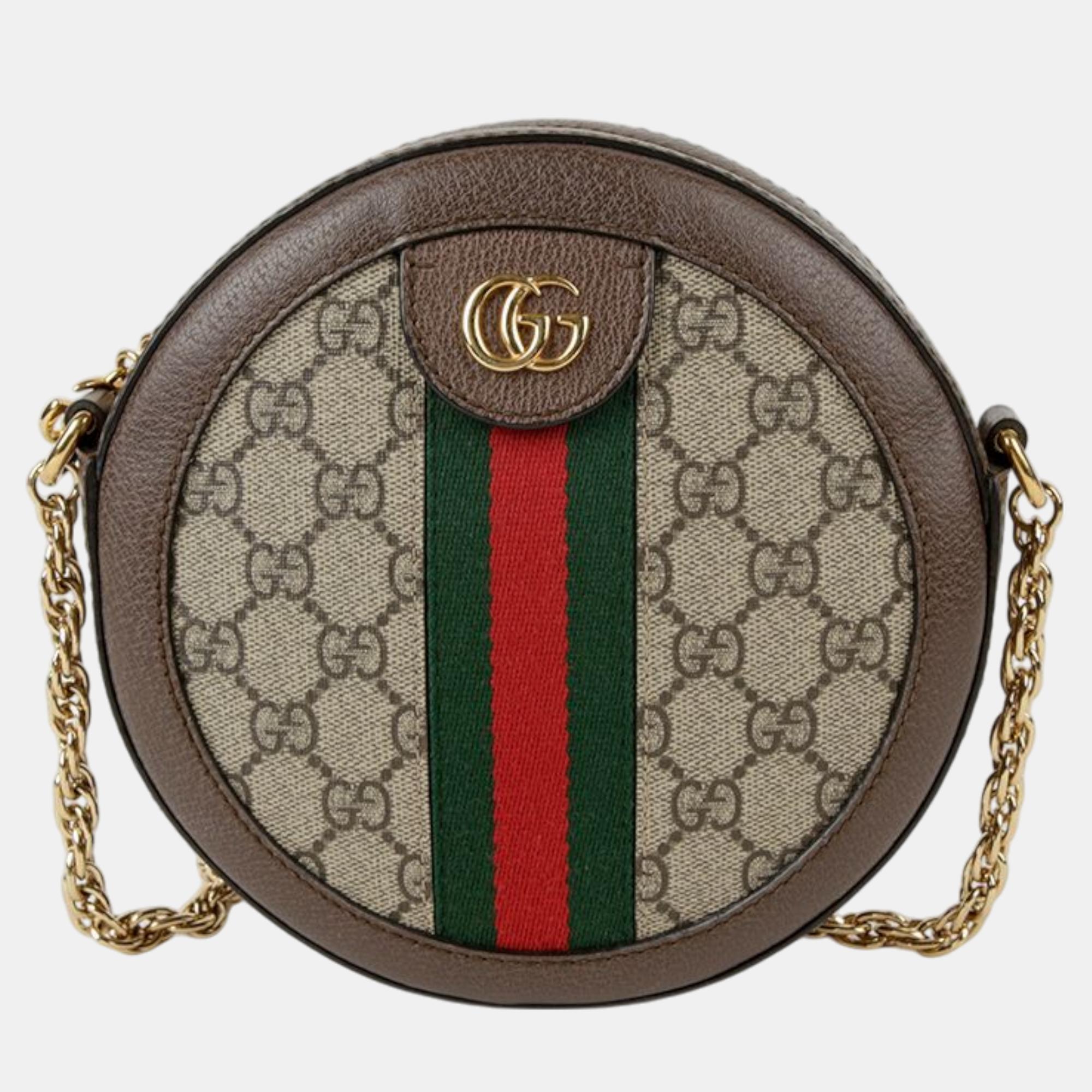 

Gucci Brown GG Supreme Monogram Web Mini Ophidia Round Shoulder Bag, Beige