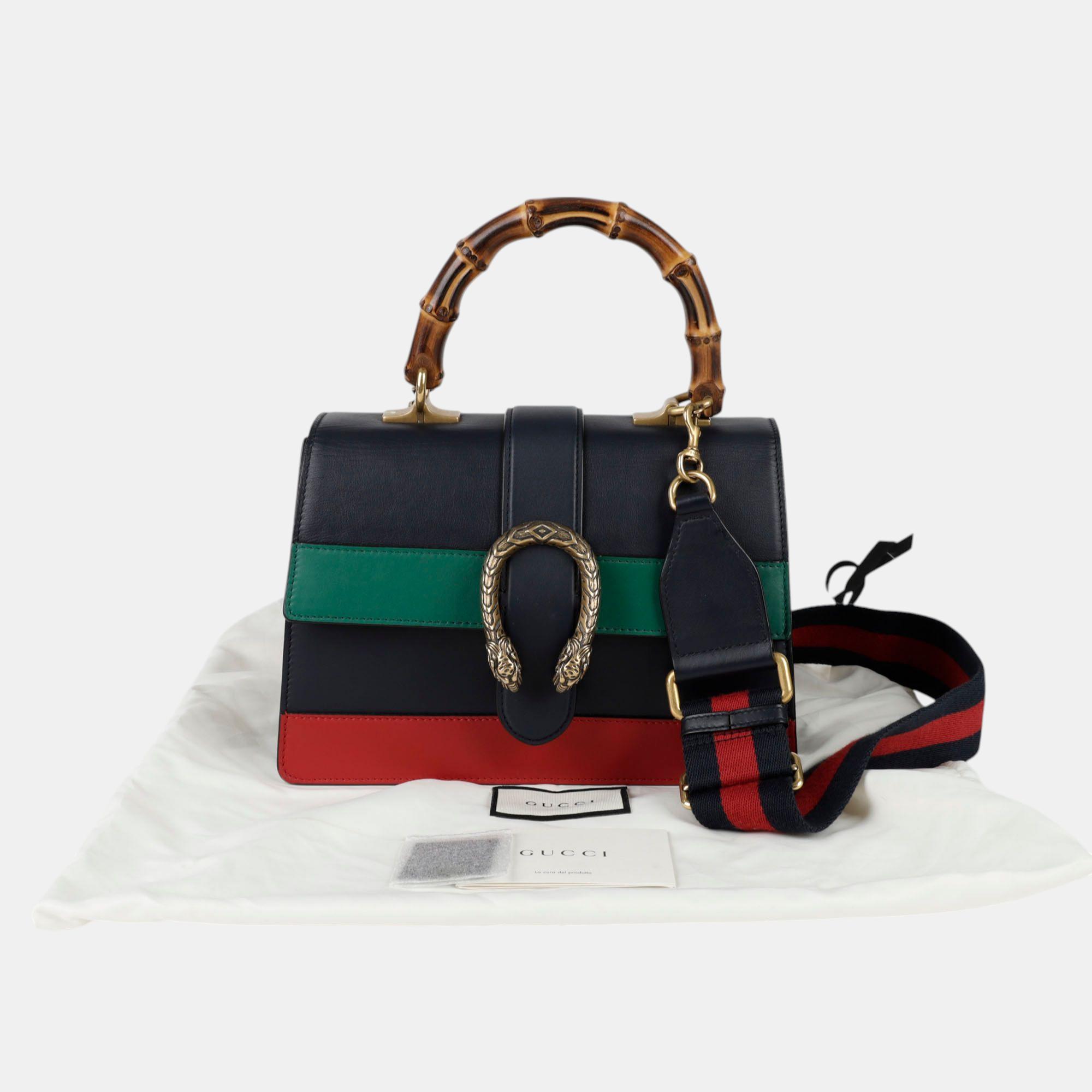 Gucci Black/Bright Evergreen/Hibiscus Red Calfskin Bamboo Web Small Dionysus Top Handle Bag 