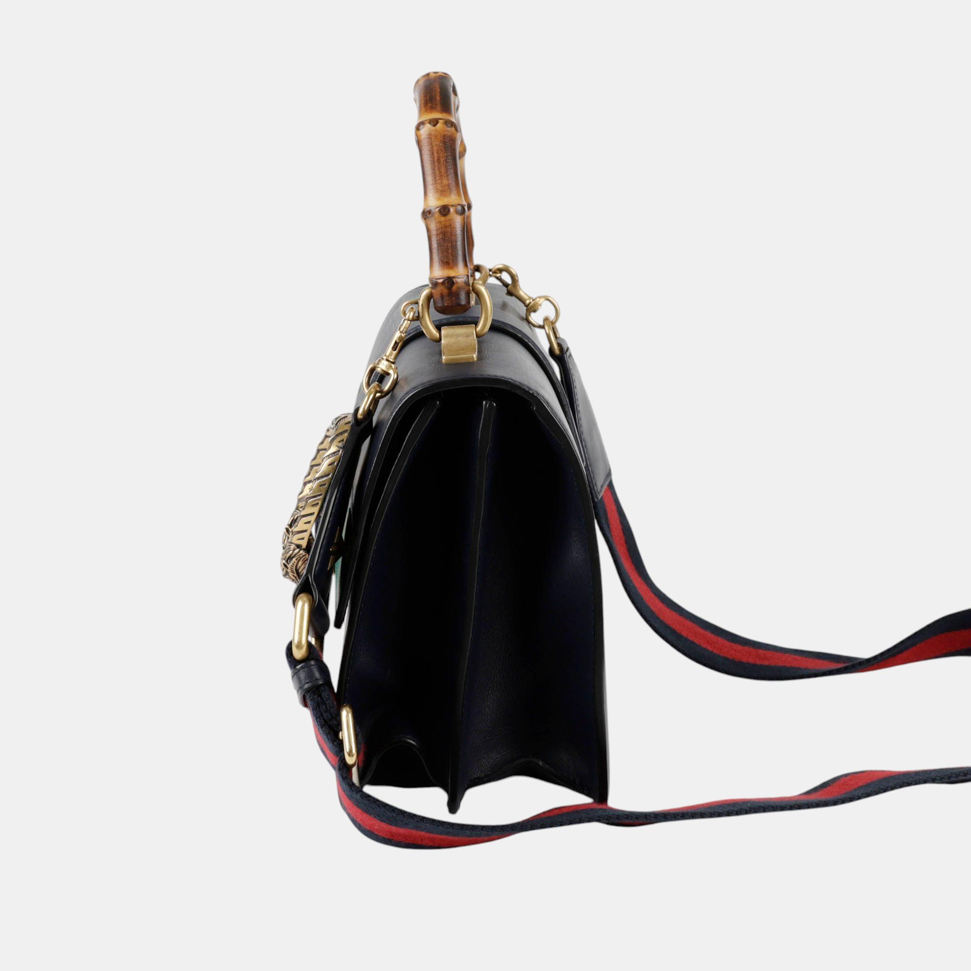Gucci Black/Bright Evergreen/Hibiscus Red Calfskin Bamboo Web Small Dionysus Top Handle Bag 
