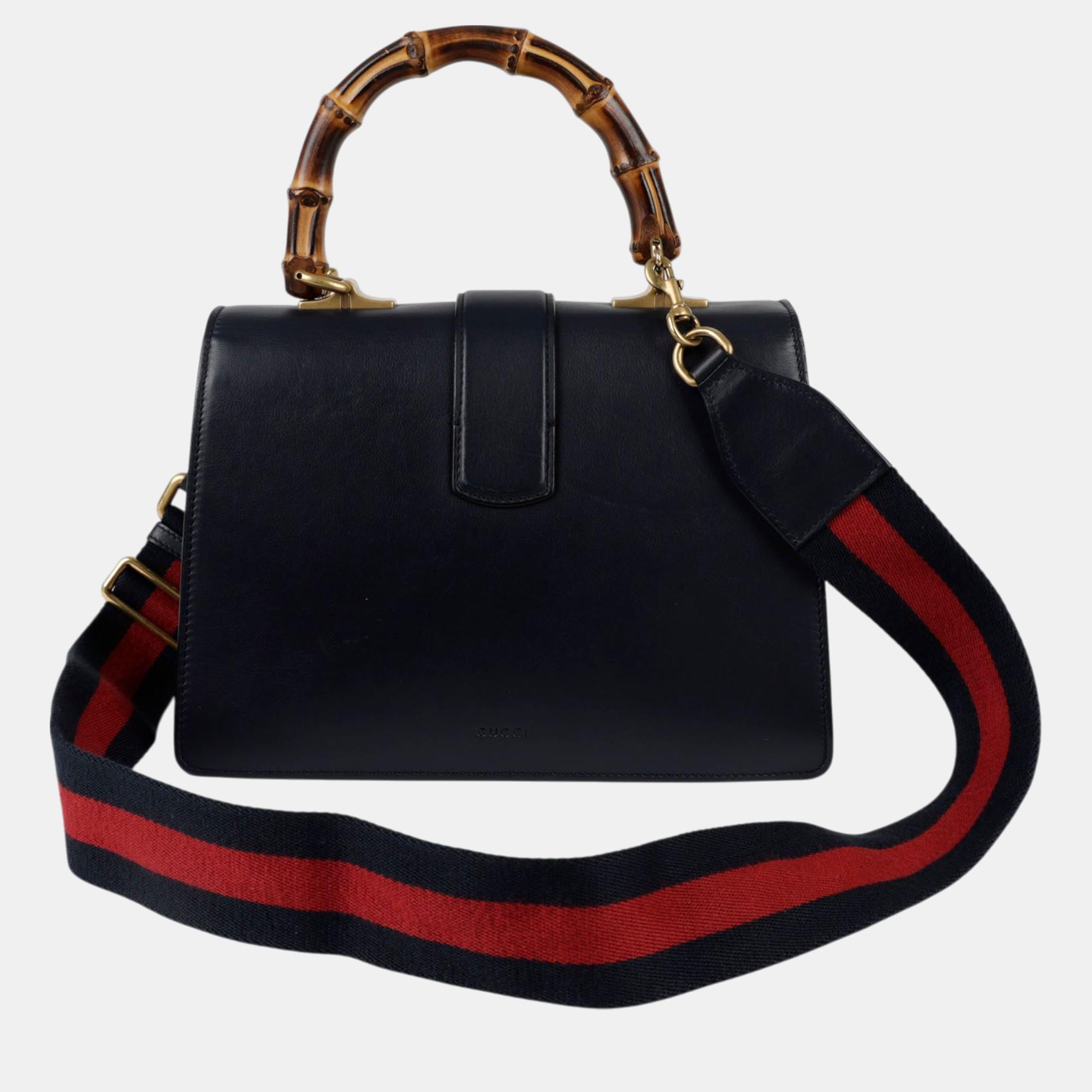 Gucci Black/Bright Evergreen/Hibiscus Red Calfskin Bamboo Web Small Dionysus Top Handle Bag 
