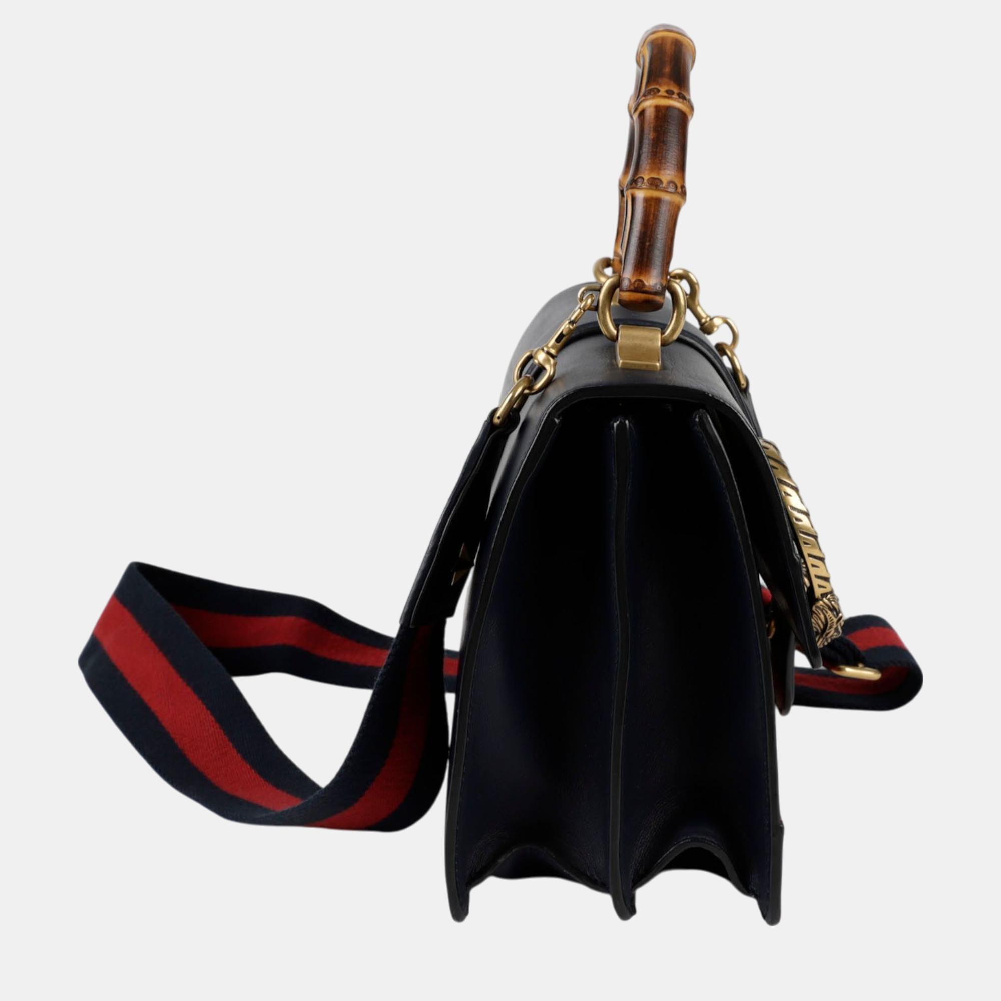 Gucci Black/Bright Evergreen/Hibiscus Red Calfskin Bamboo Web Small Dionysus Top Handle Bag 