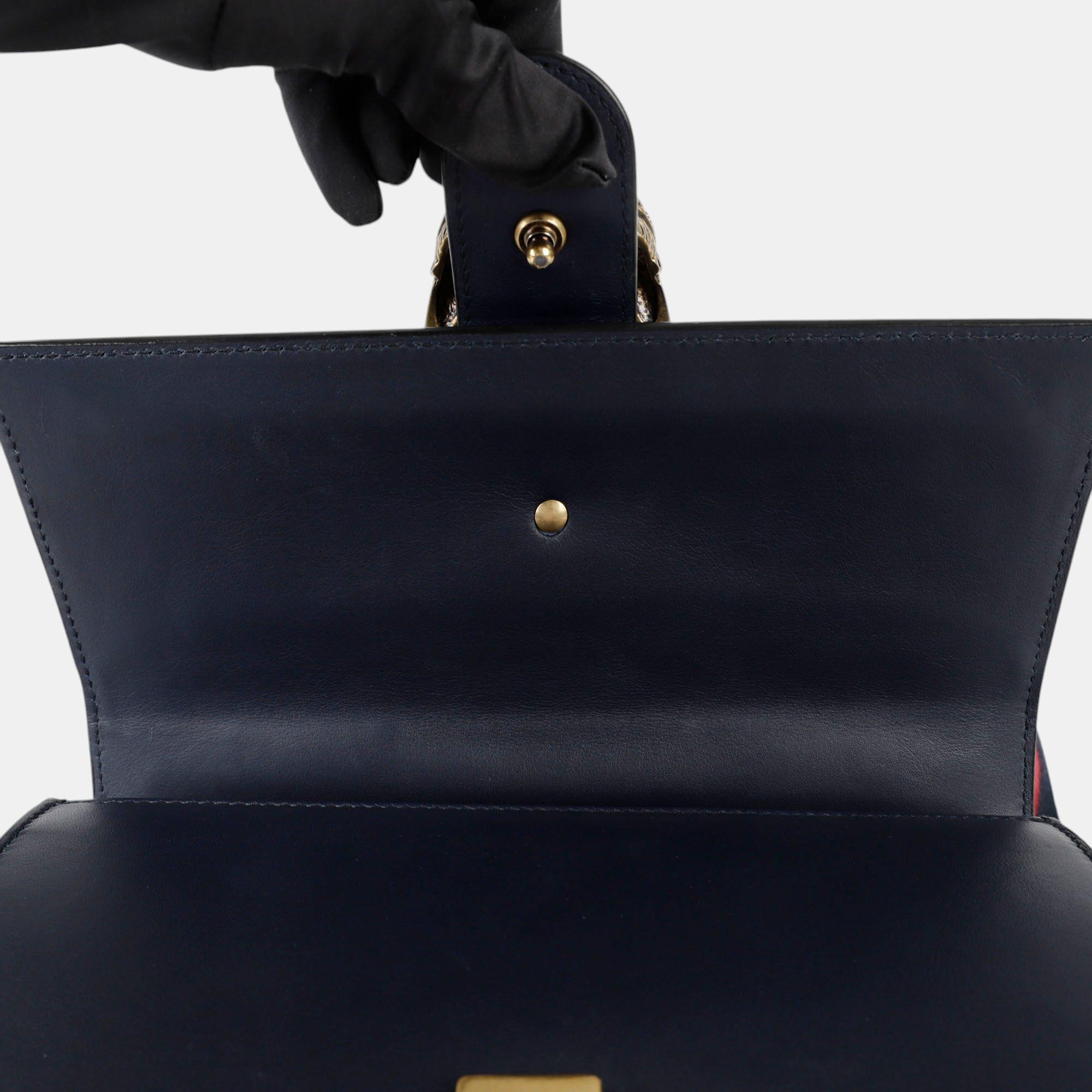Gucci Black/Bright Evergreen/Hibiscus Red Calfskin Bamboo Web Small Dionysus Top Handle Bag 