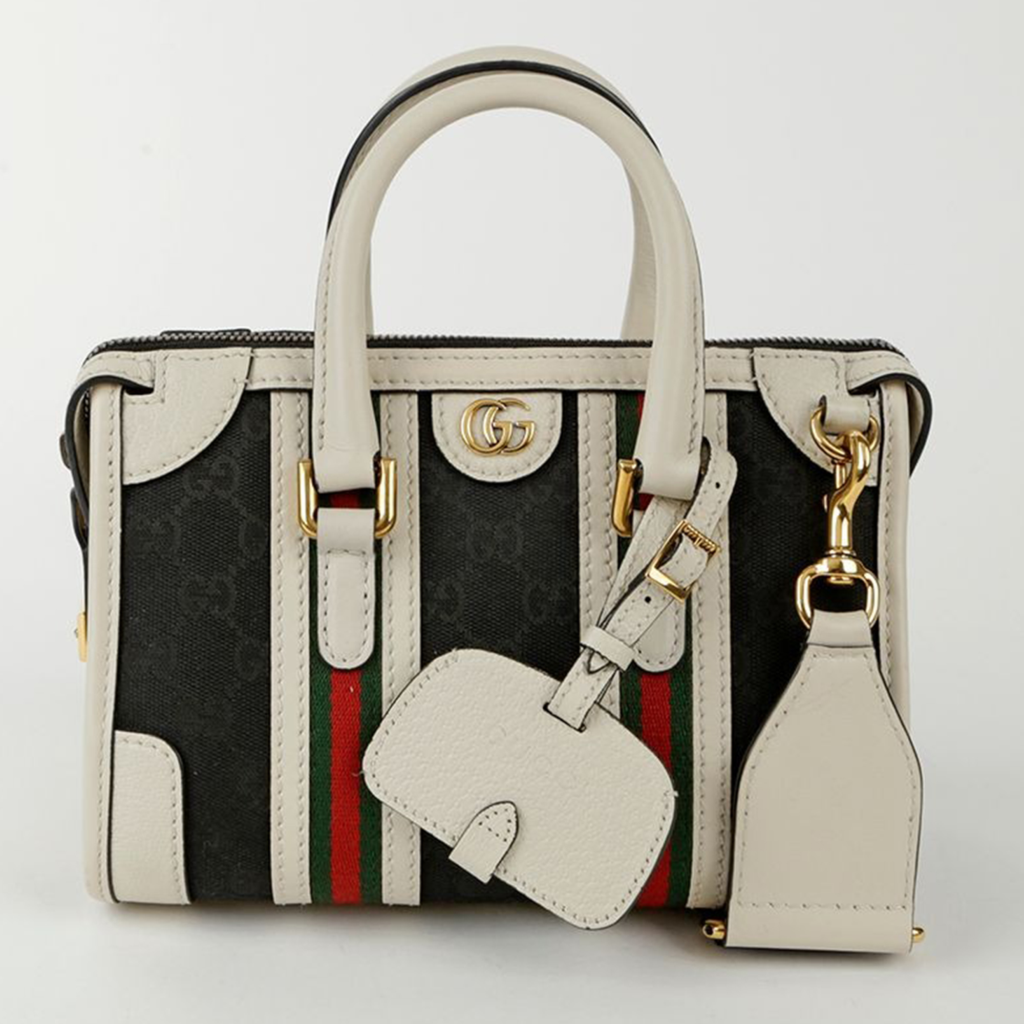 

Gucci GG Canvas with Leather Mini Double G Web Top Handle Bag, Cream