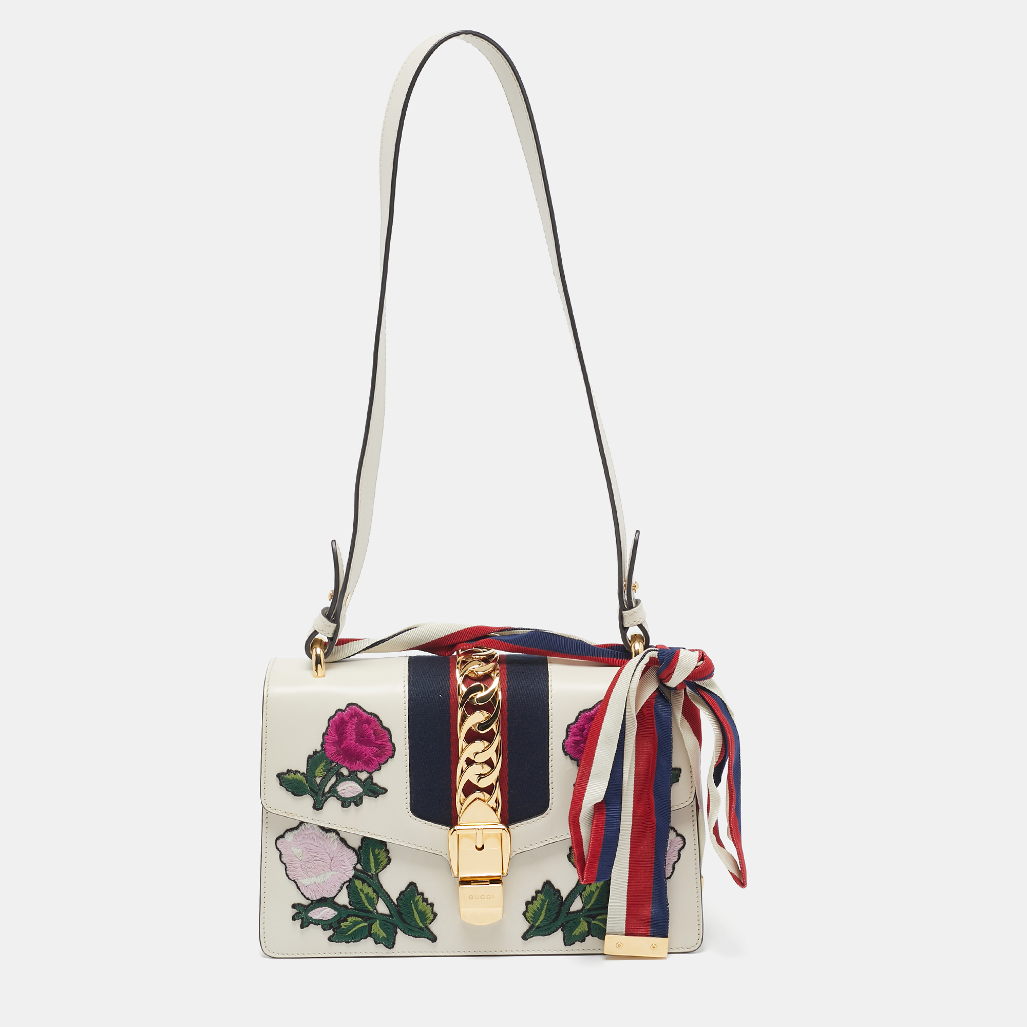 

Gucci Off White Leather Small Web Embroidered Sylvie Shoulder Bag