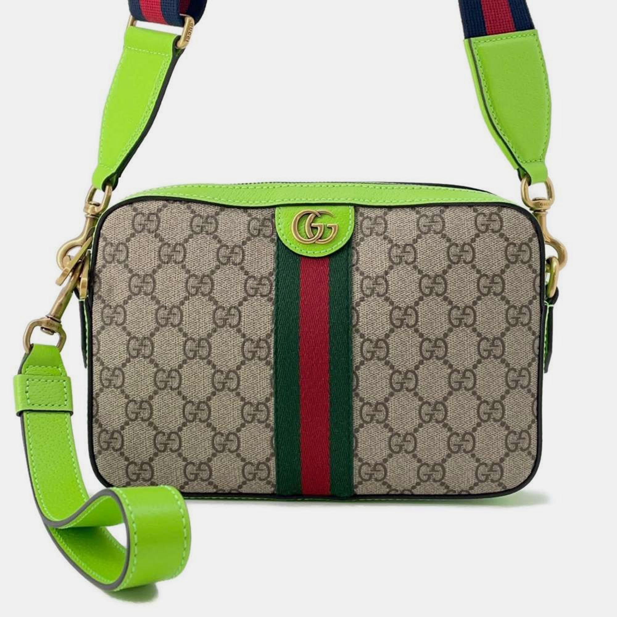 

Gucci Ophidia Small Beige/Green Leather Gg Supremecanvas Cross Body Bag