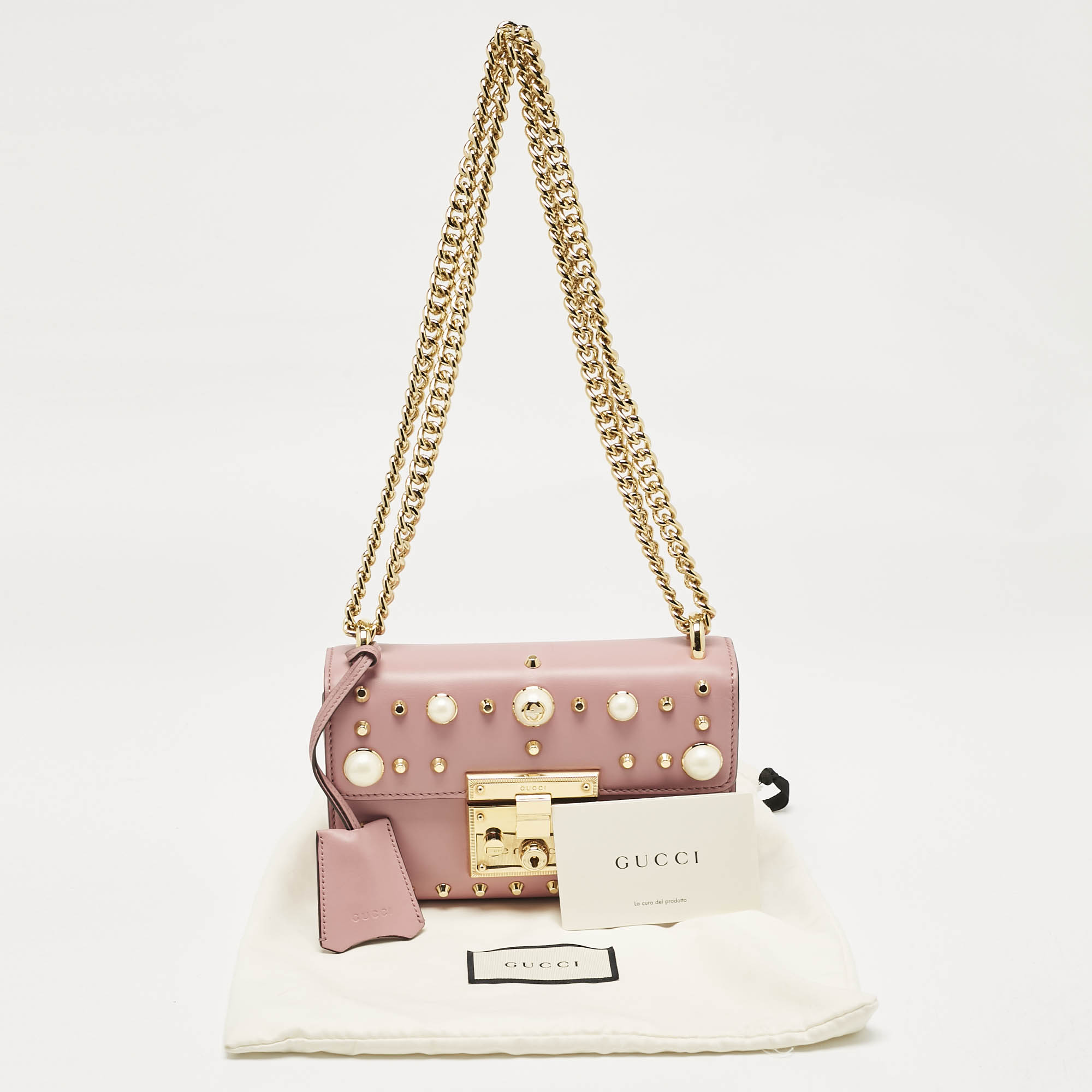Gucci Old Rose Leather Small Pearl Studded Padlock Shoulder Bag 