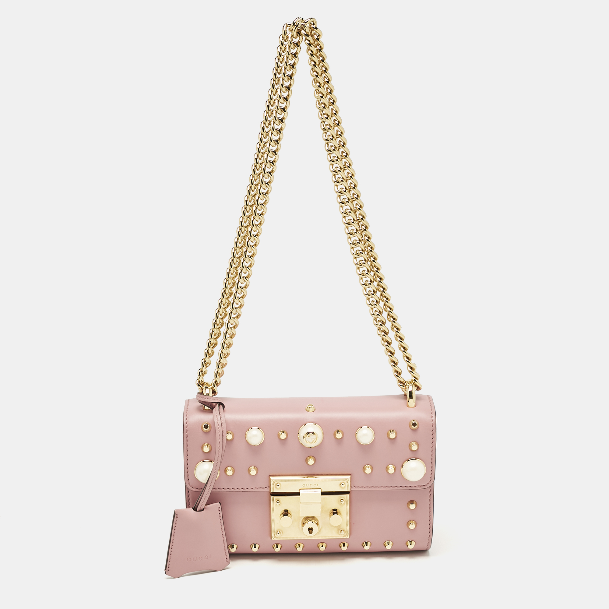 

Gucci Old Rose Leather  Pearl Studded Padlock Shoulder Bag, Pink