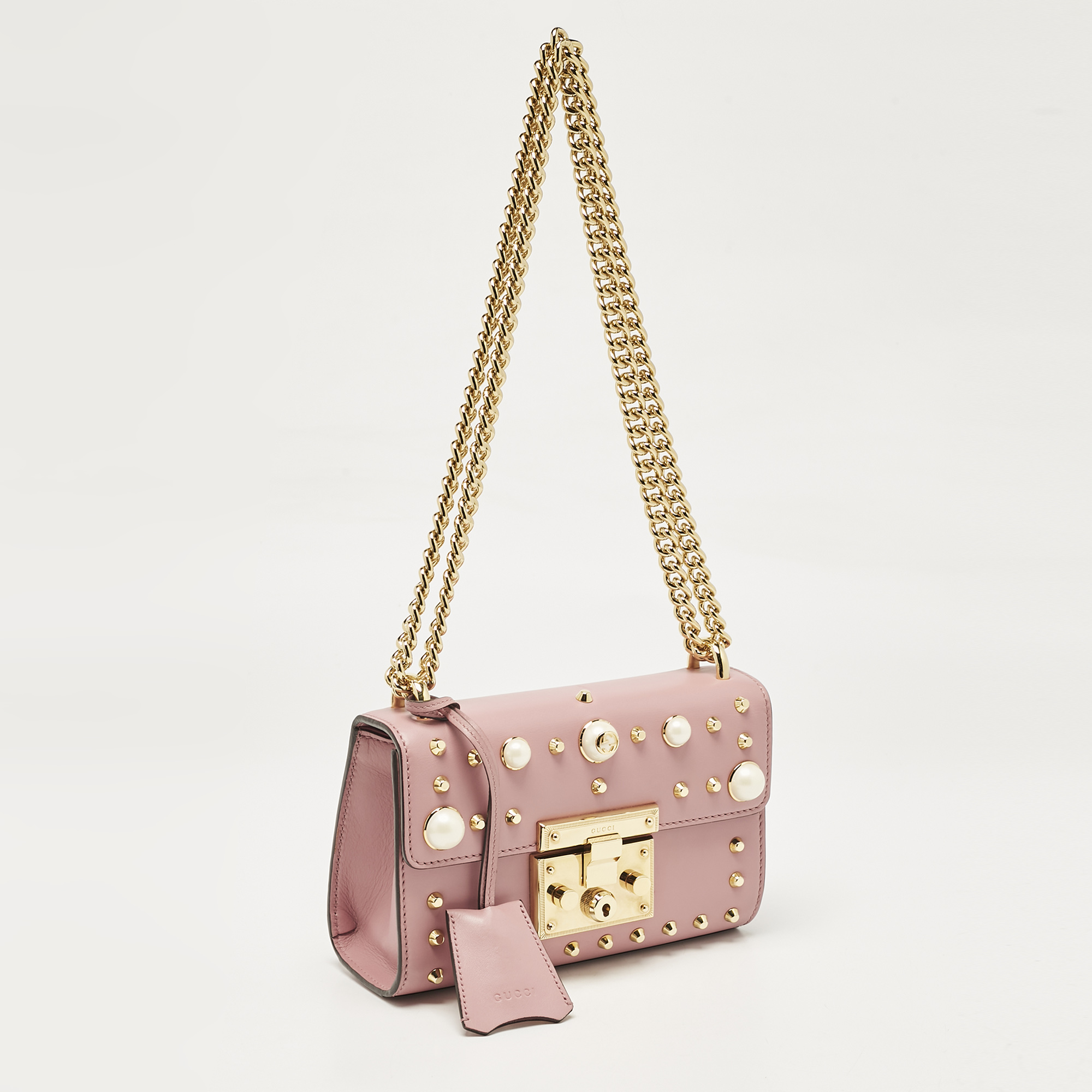 Gucci Old Rose Leather Small Pearl Studded Padlock Shoulder Bag 