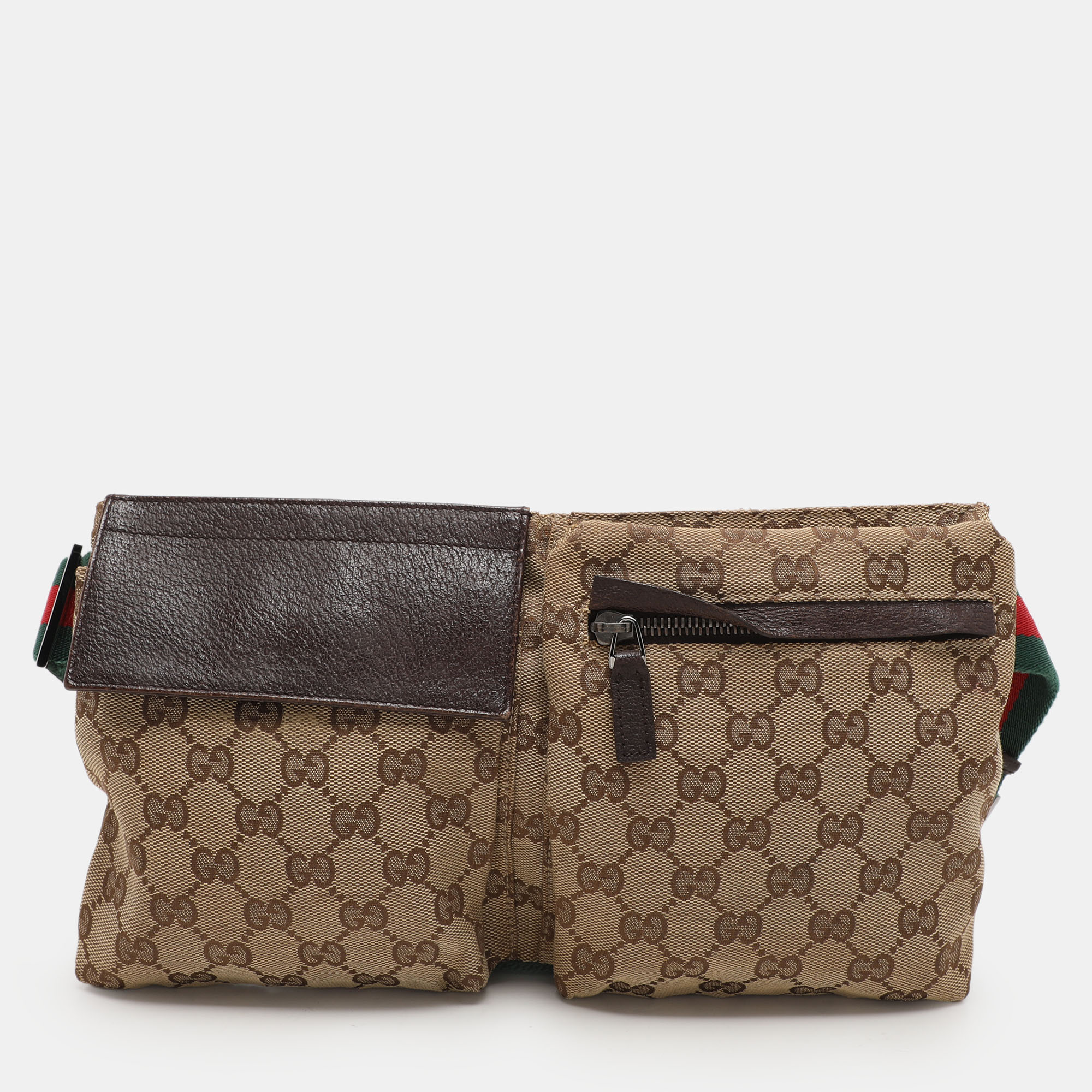 

Gucci Beige/Brown GG Canvas and Leather Web Double Pocket Belt Bag