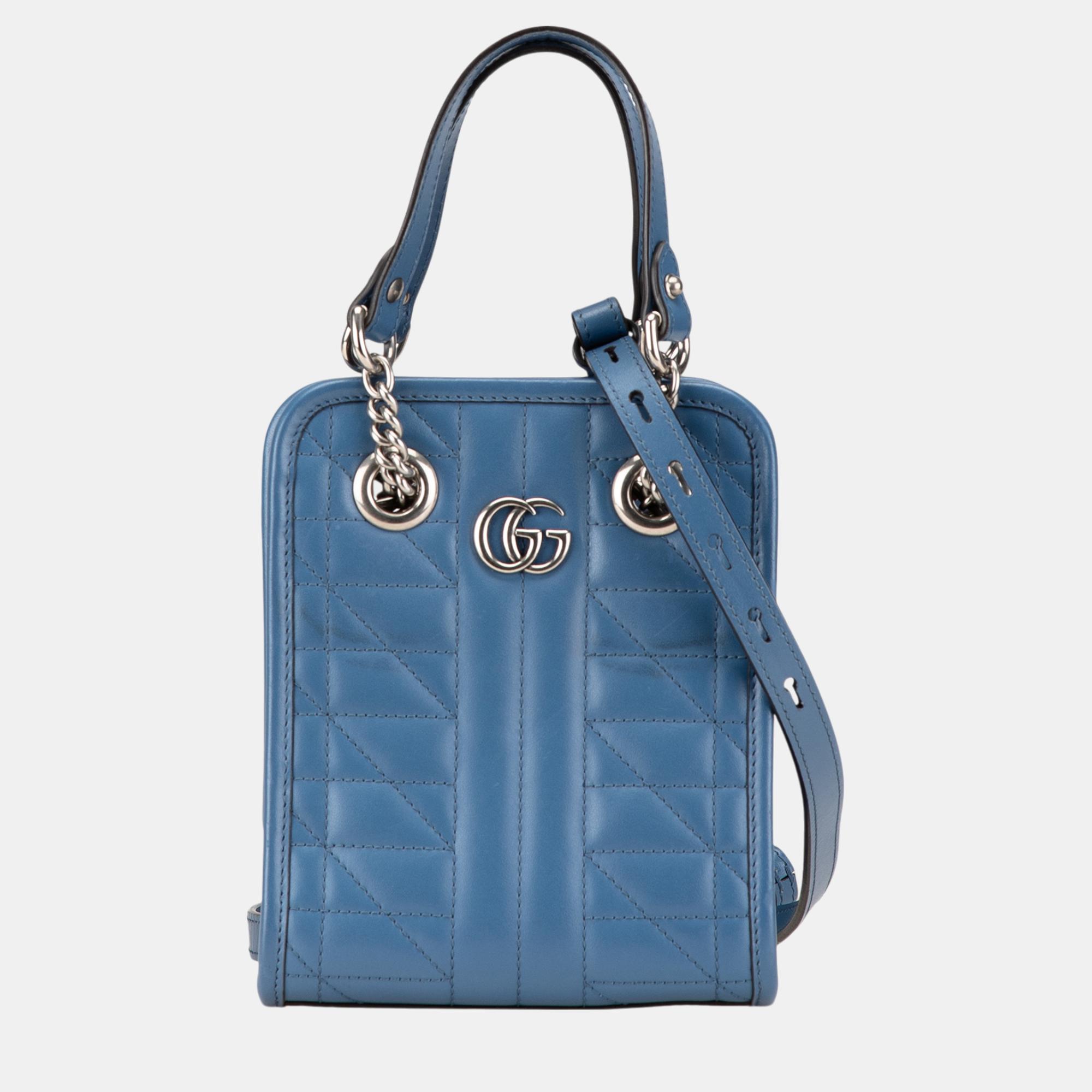 

Gucci Blue Mini Calfskin GG Marmont Matelasse Chevron Satchel