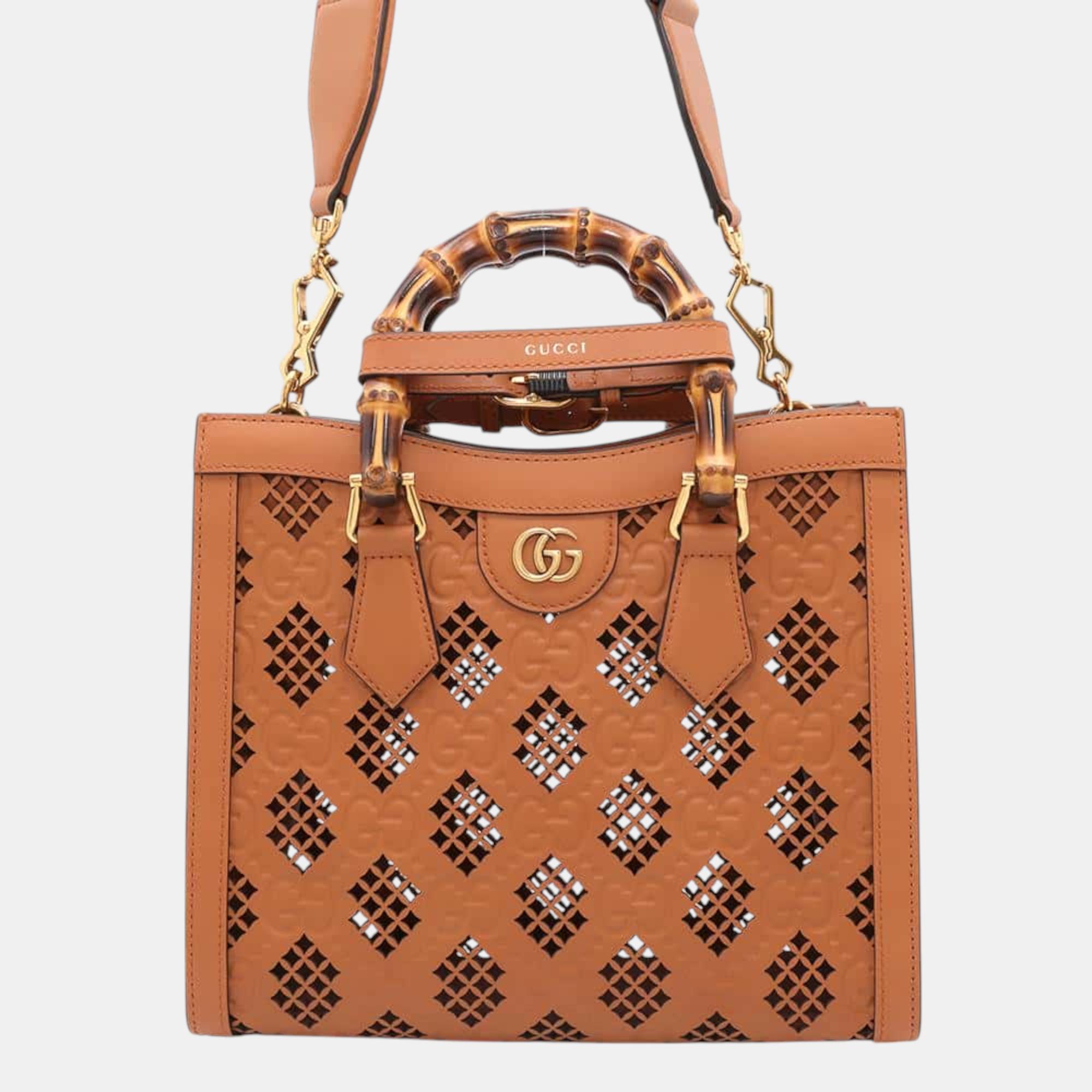 

Gucci Light Brown Diamond Cutout Leather Diana Bamboo Tote Bag