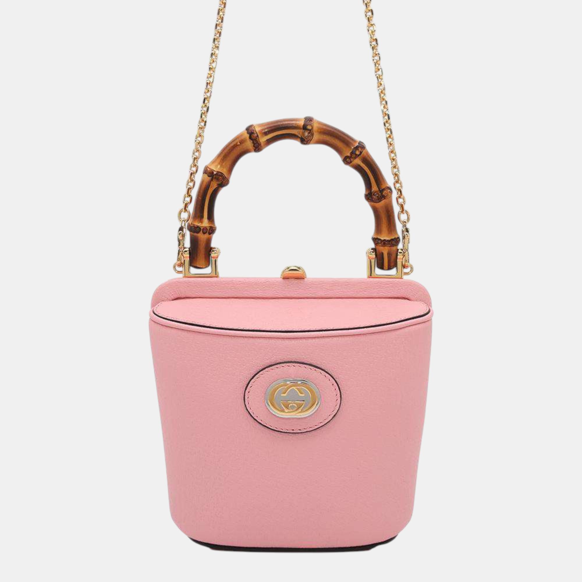 

Gucci Pink Leather Mini Bamboo Bucket Shoulder Bag