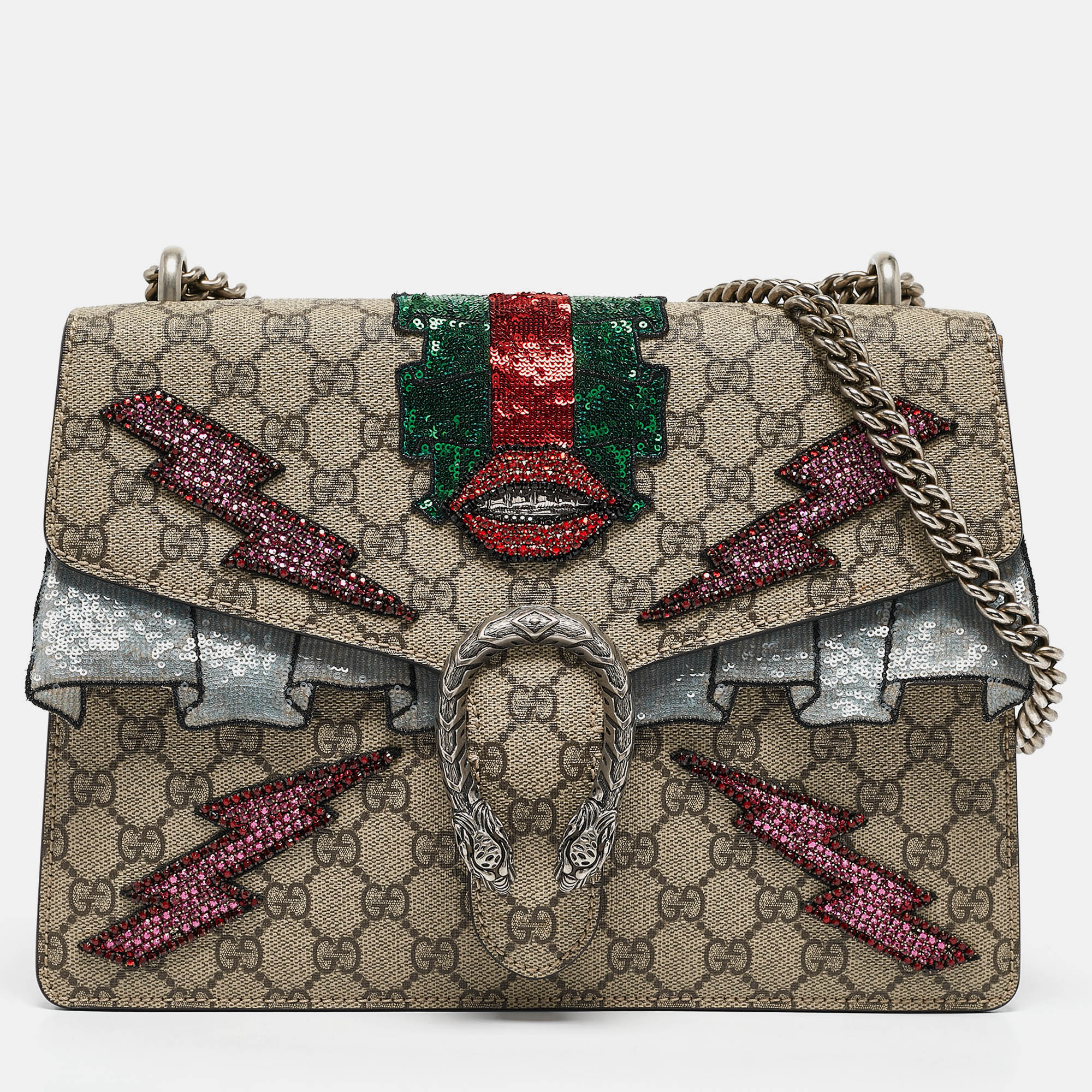 

Gucci Beige GG Supreme Canvas and Suede Medium Crystal/Sequins Embellished Dionysus Shoulder Bag